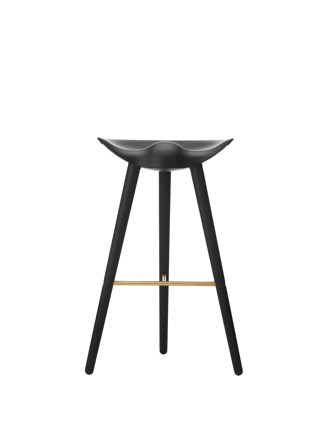 Front view of the ML 42 Bar Stool in black-stained beech with a brass footrest, shown against a plain white background.