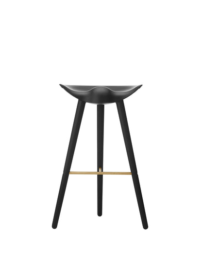 Front view of the ML 42 Bar Stool in black-stained beech with a brass footrest, shown against a plain white background.