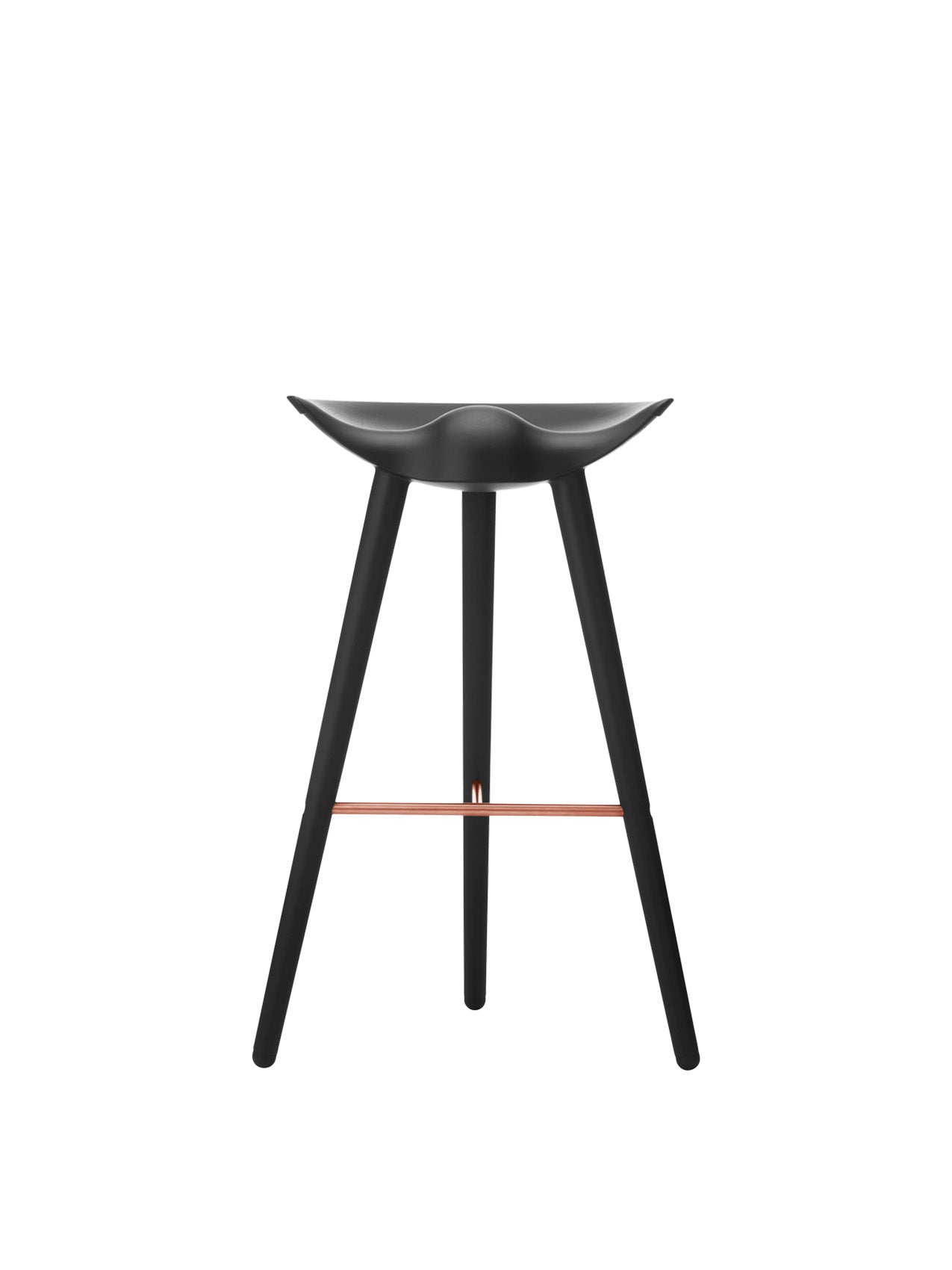 A front-on view of the ML 42 Bar Stool in black stained beech. The 3-legged stool has a moulded seat and a copper footrest.