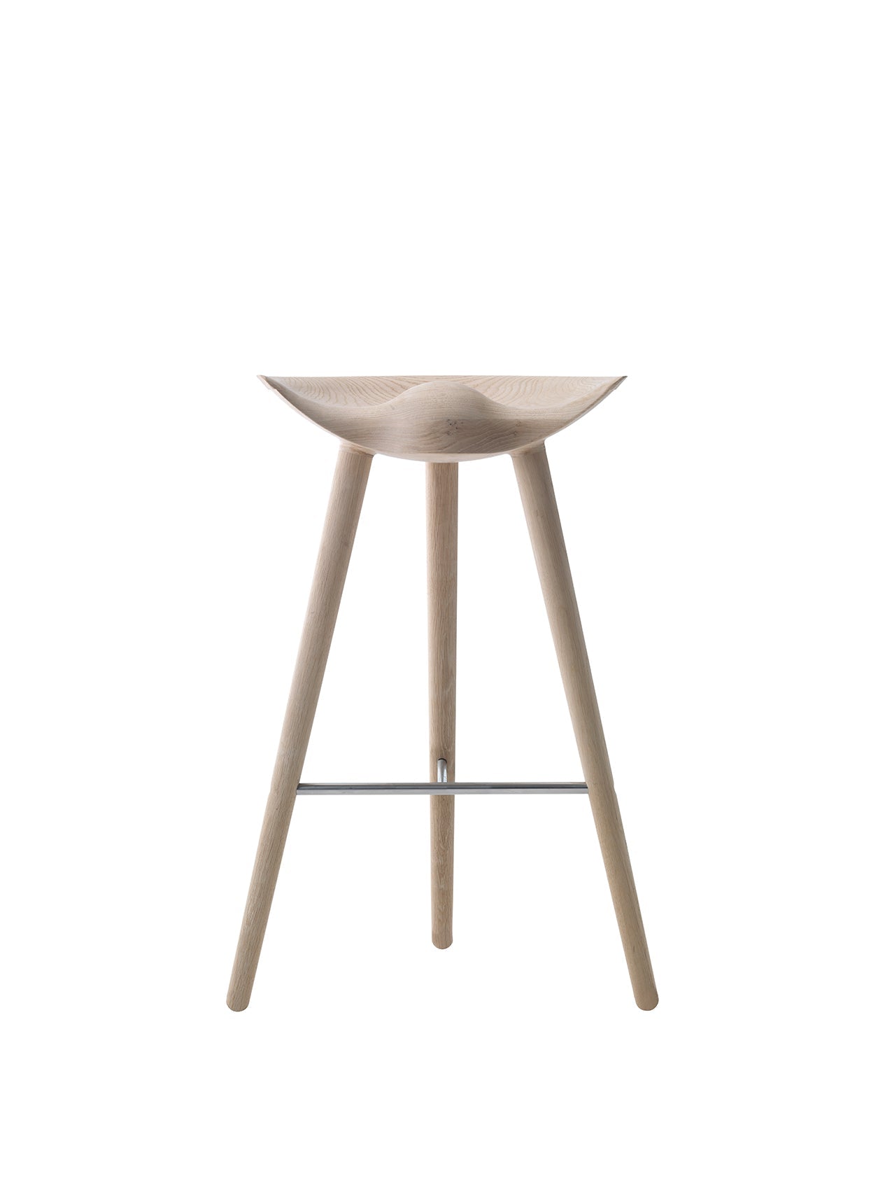 Front view of the ML 42 Bar Stool in light oak, showing its three-legged design, sculptural seat, and steel footrest.