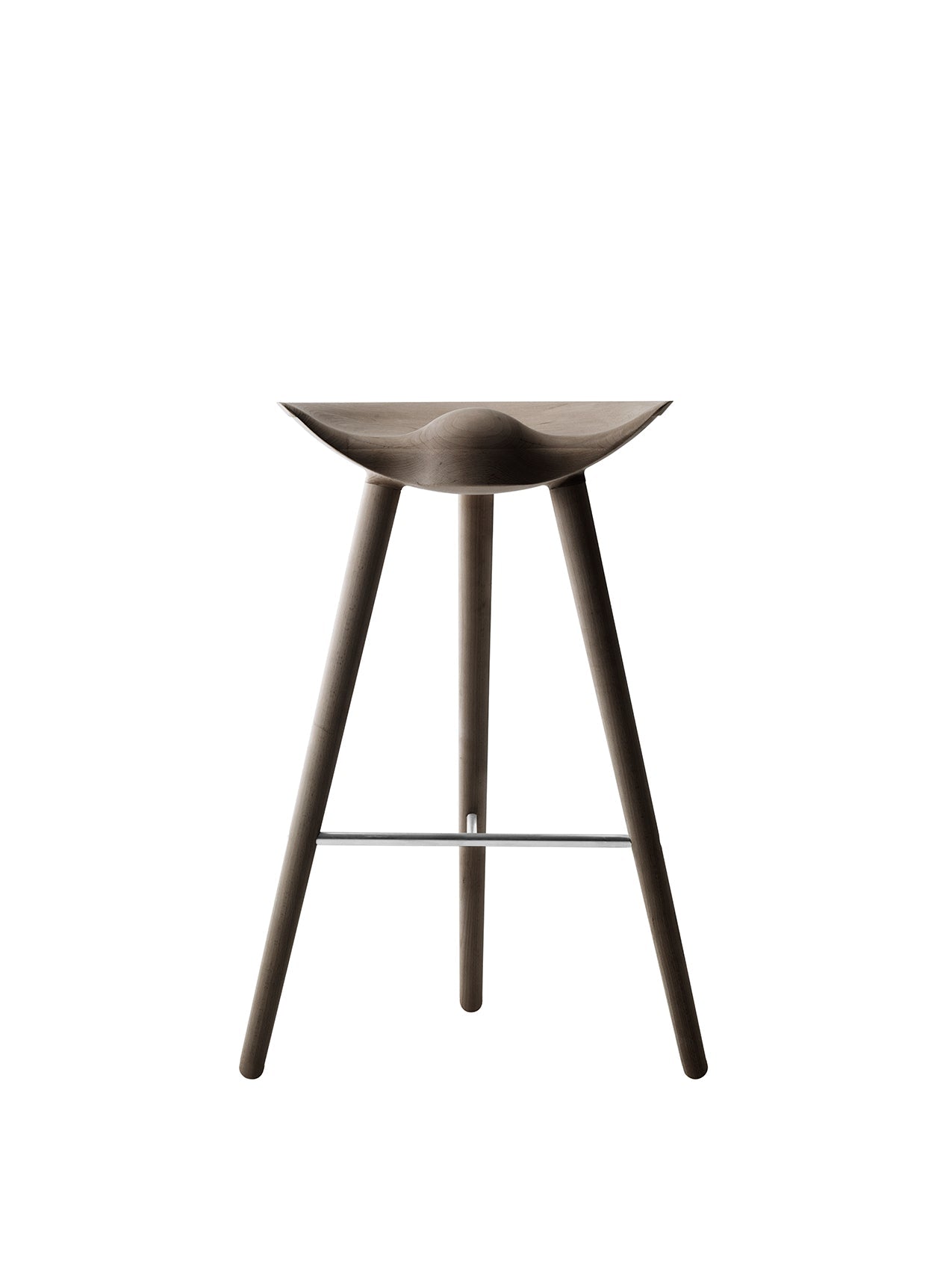Front view of the ML 42 Bar Stool with a sculptural seat, three dark smoked oak legs, and a steel footrest.