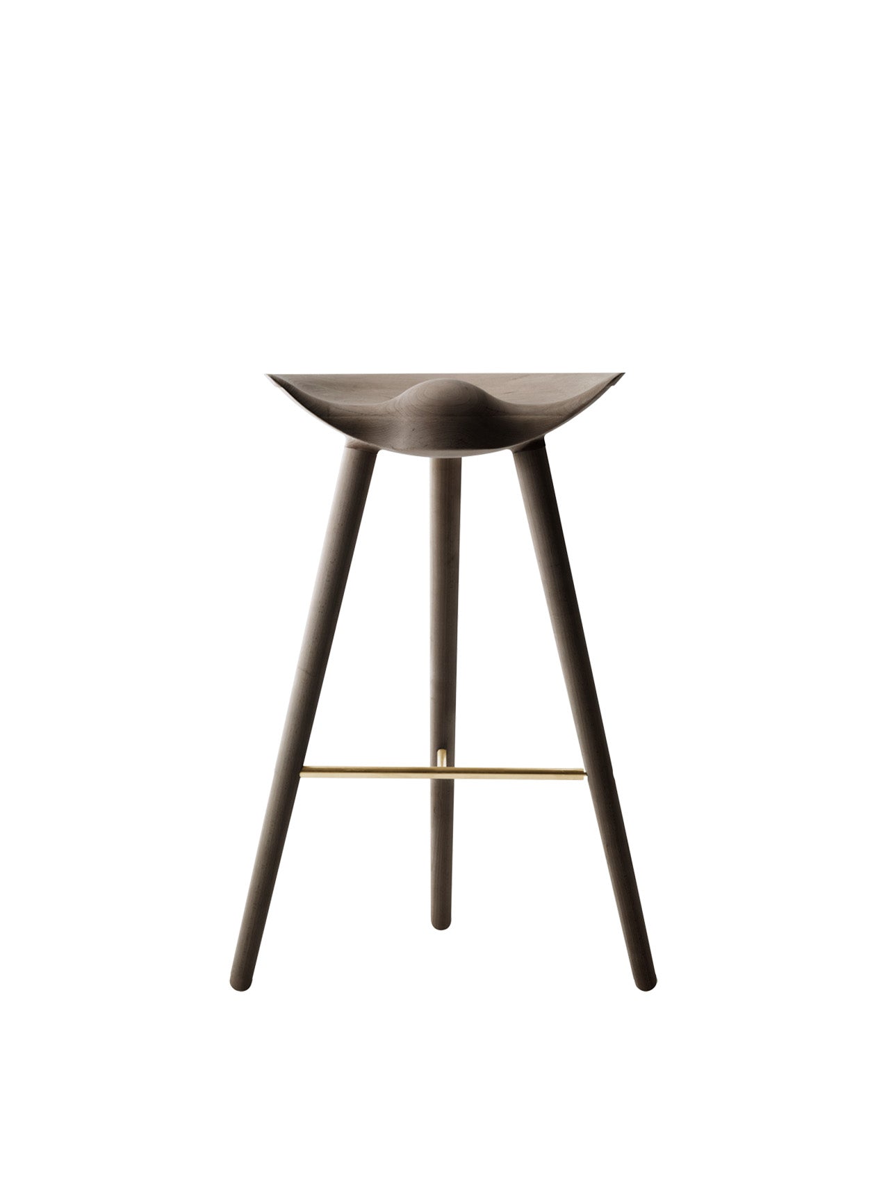 Front view of the sculptural, three-legged ML 42 Bar Stool in smoked oak with a brass footrest on a white background.