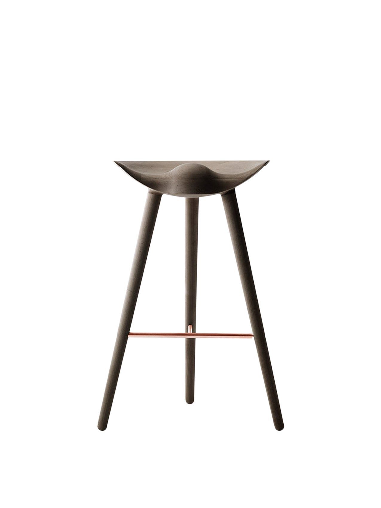 Front view of the ML 42 Bar Stool. It has a smoked oak frame, a moulded seat, three legs, and a copper footrest.