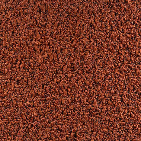A close-up of a heavily textured fabric swatch. The material has a nubby, boucle-like feel in a deep, rusty red shade.