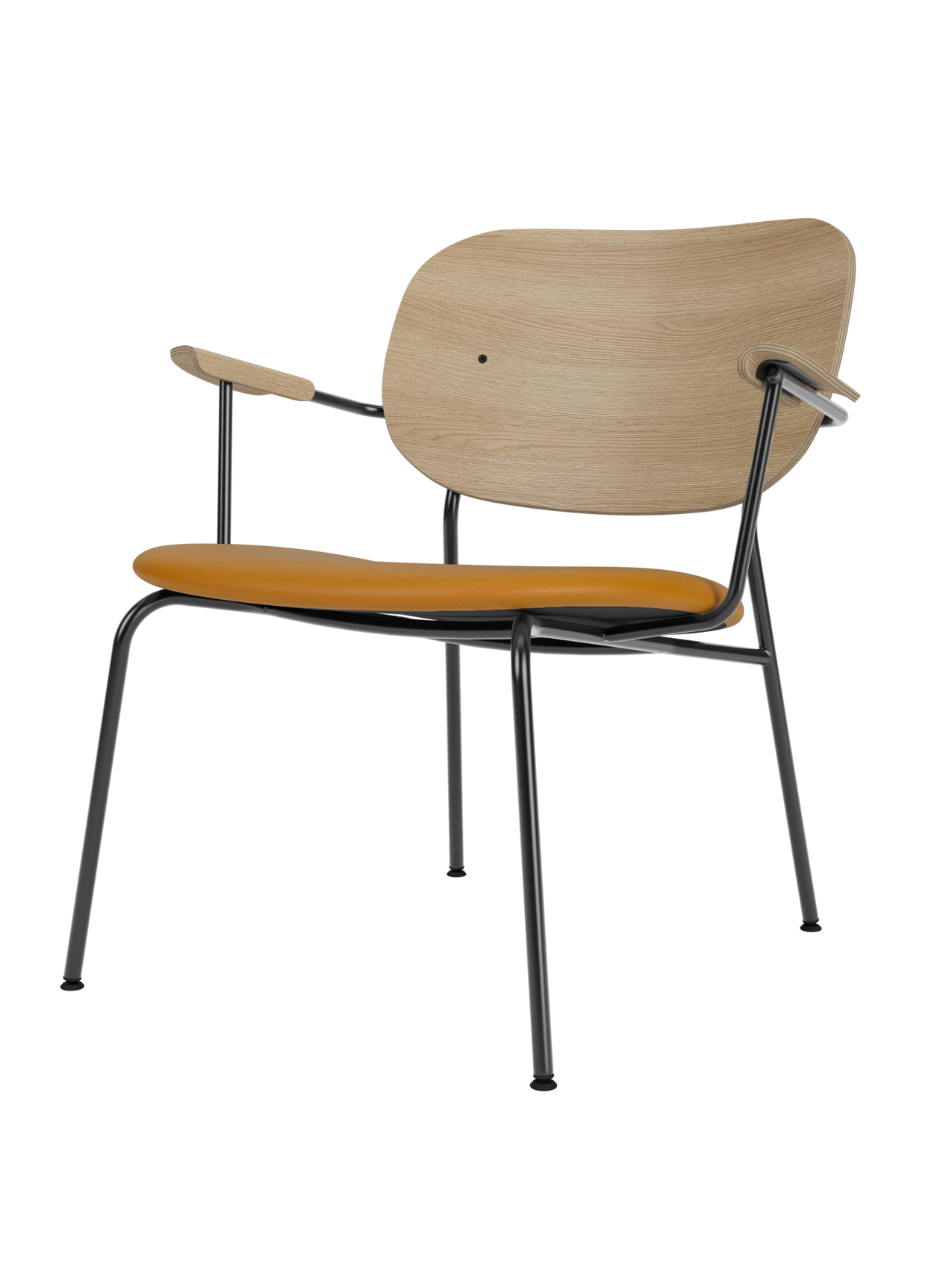 Co Lounge Chair with natural oak veneer backrest and armrests, tan Dakar leather upholstered seat, and black steel frame.