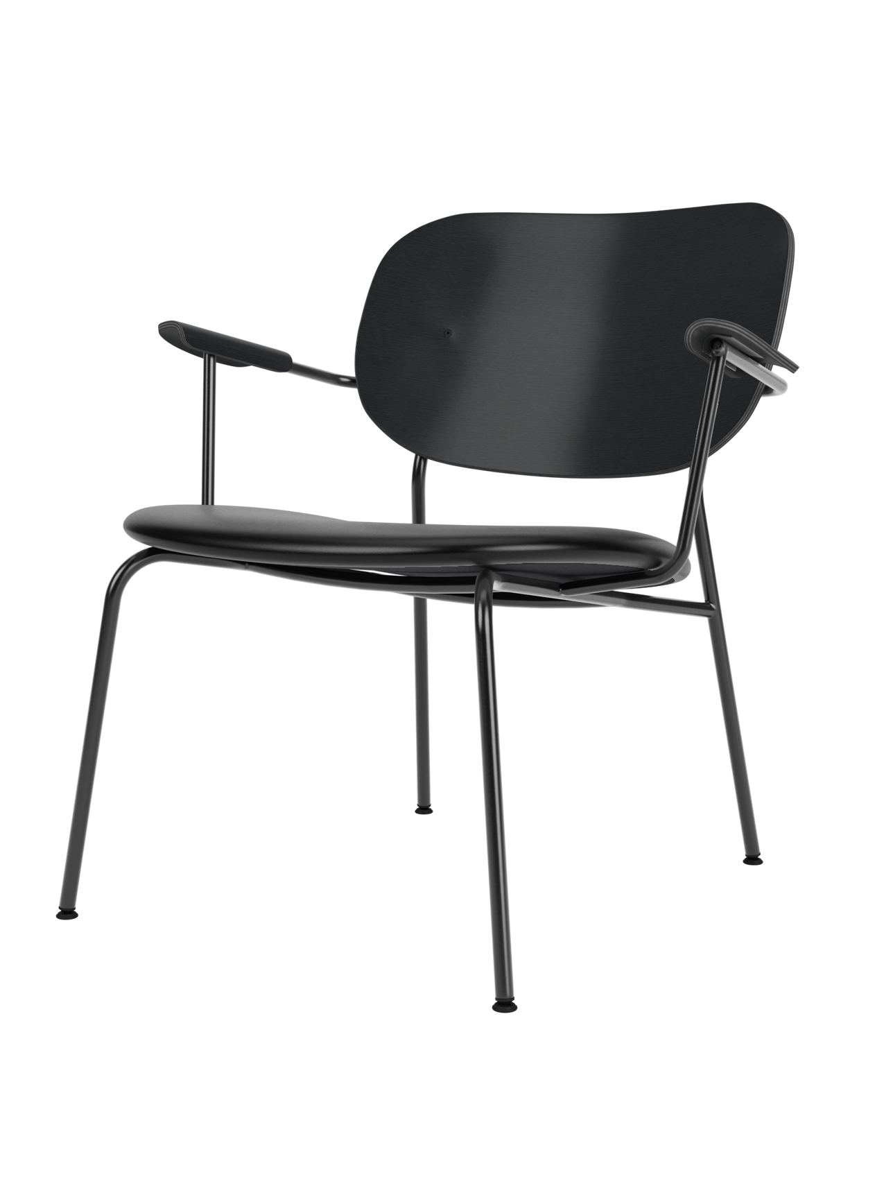 A Co Lounge Chair with a black upholstered seat, black-painted oak backrest, and a slender black powder-coated steel frame.