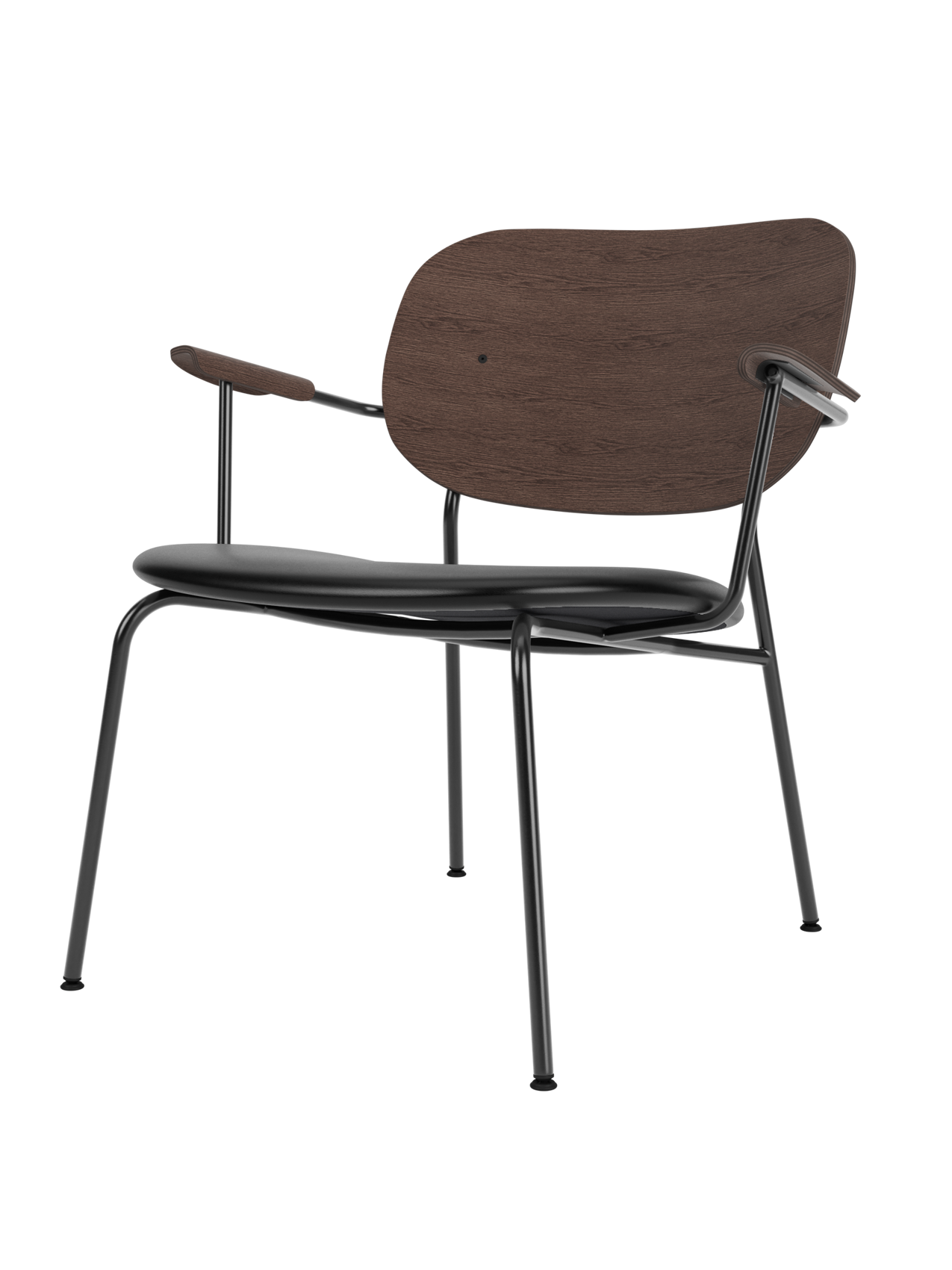 A Co Lounge Chair with a dark stained oak backrest and armrests, a black upholstered seat and a slender black steel frame.