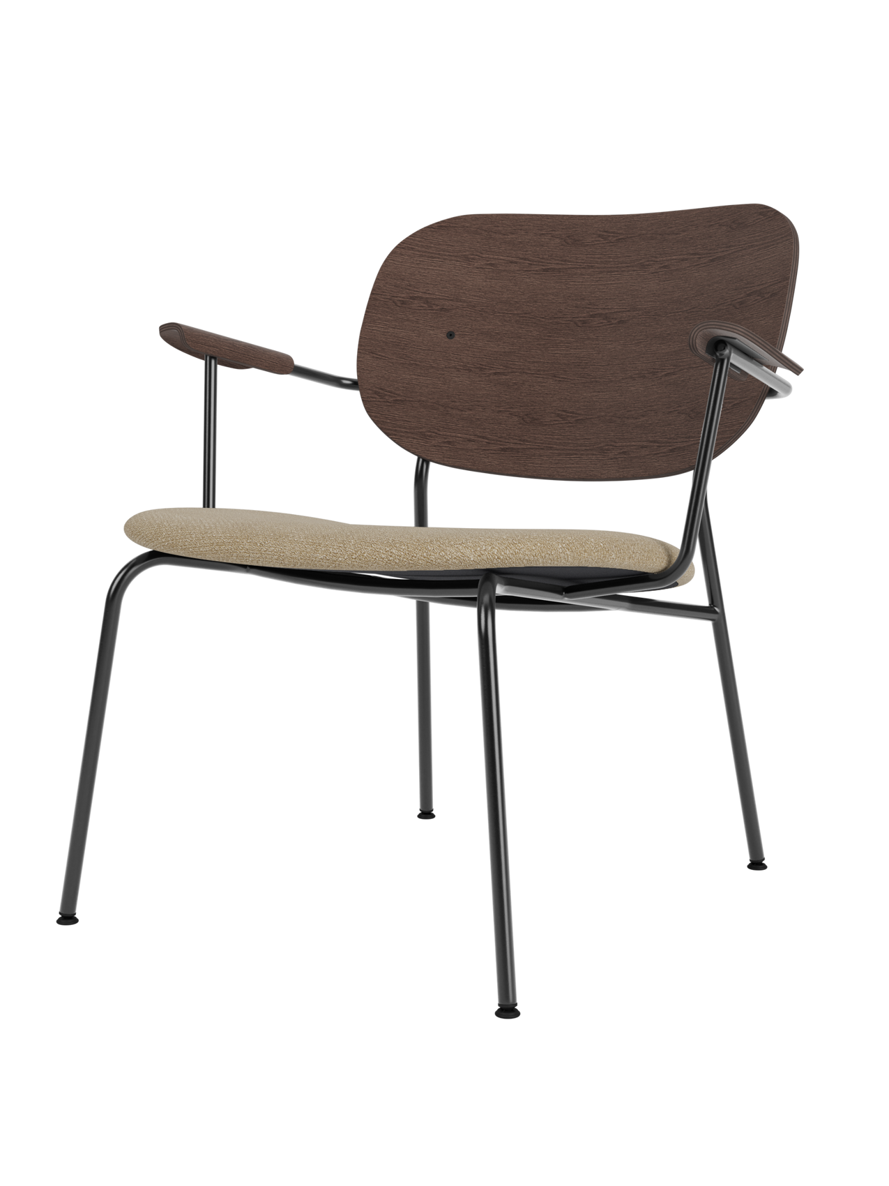 A Co Lounge Chair with a dark stained oak backrest, a beige bouclé upholstered seat, and a minimalist black steel frame.