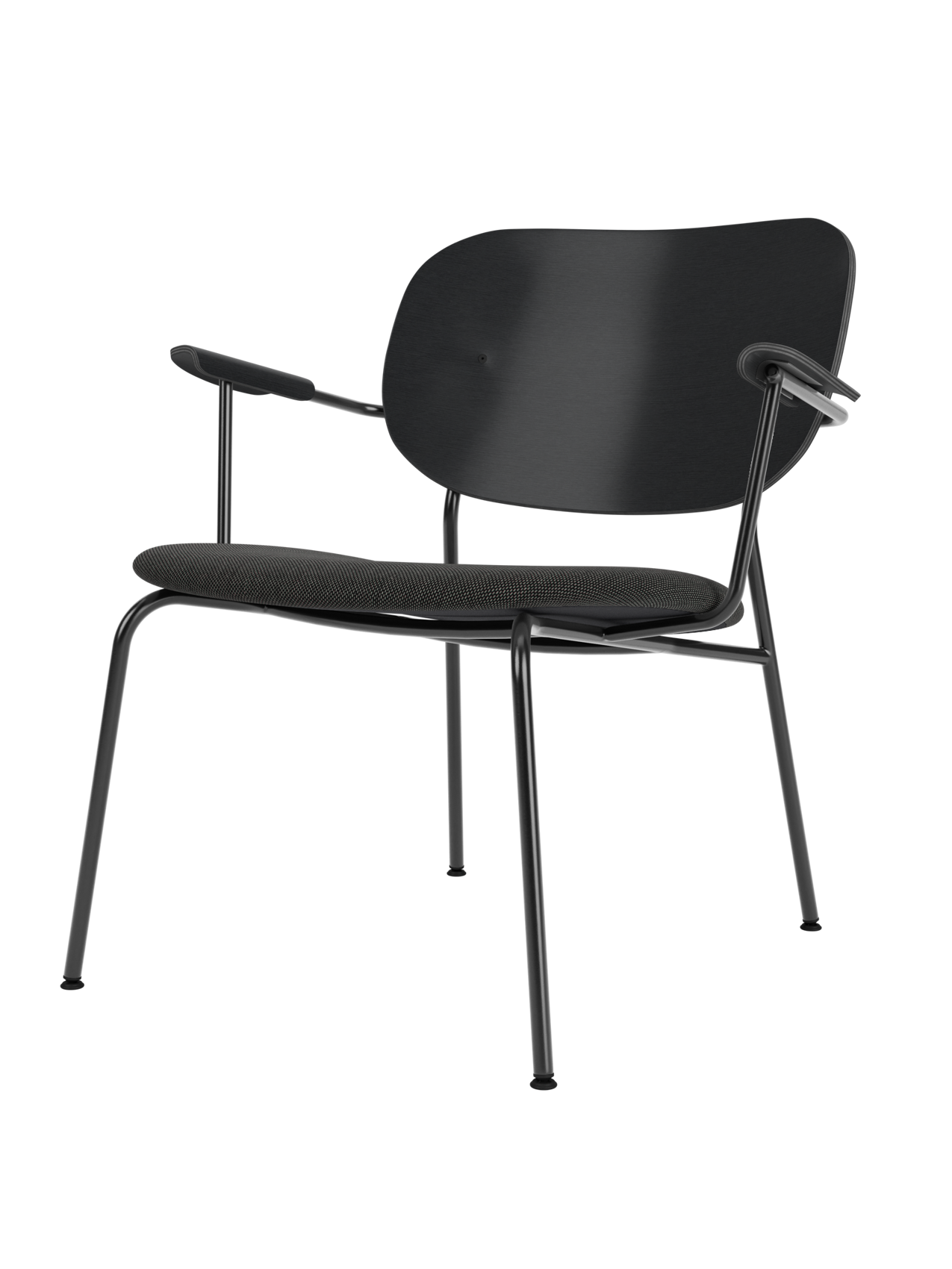 Co Lounge Chair with a slender black steel frame, dark grey upholstered seat, and curved black painted oak backrest.