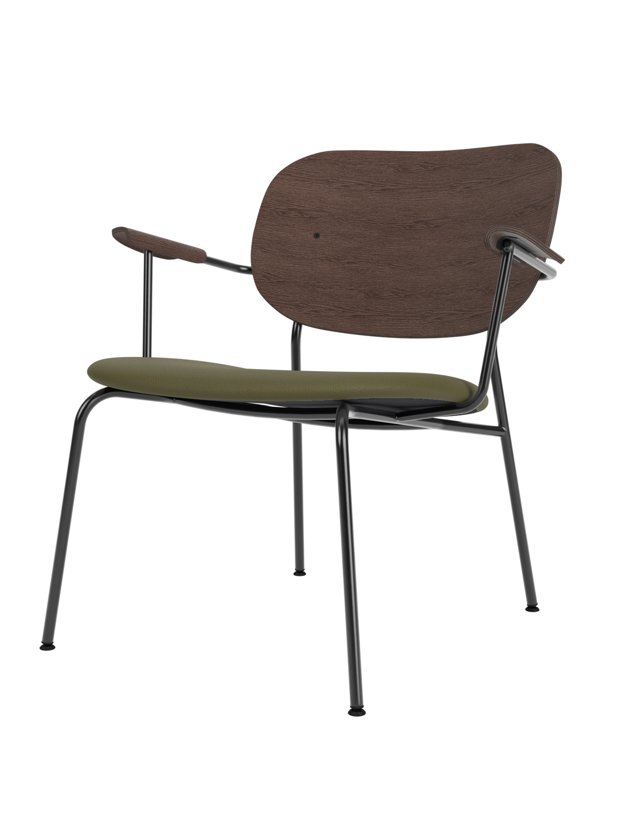 A Co Lounge Chair with a dark stained oak backrest, an army green upholstered seat, and a black metal frame.