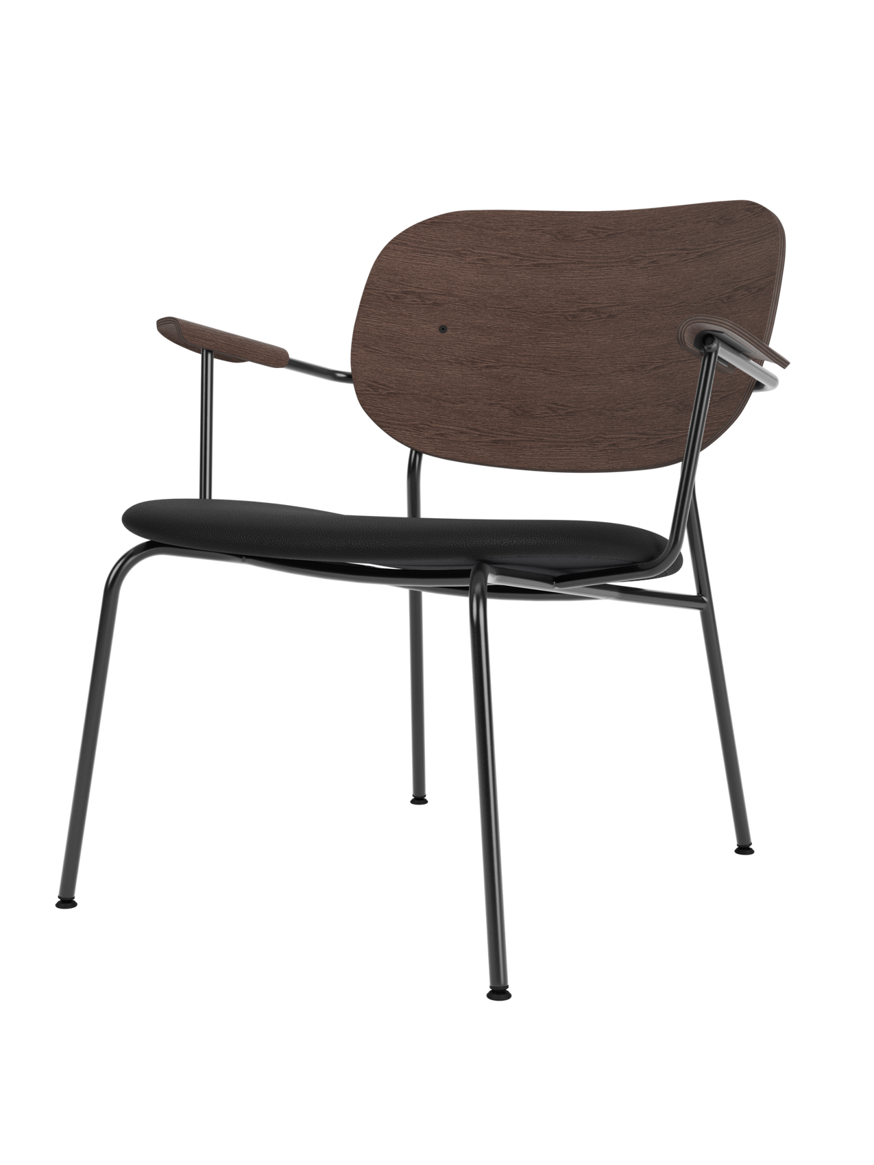 Co Lounge Chair with a padded black leather seat, curved dark stained oak backrest, and slender black metal frame.