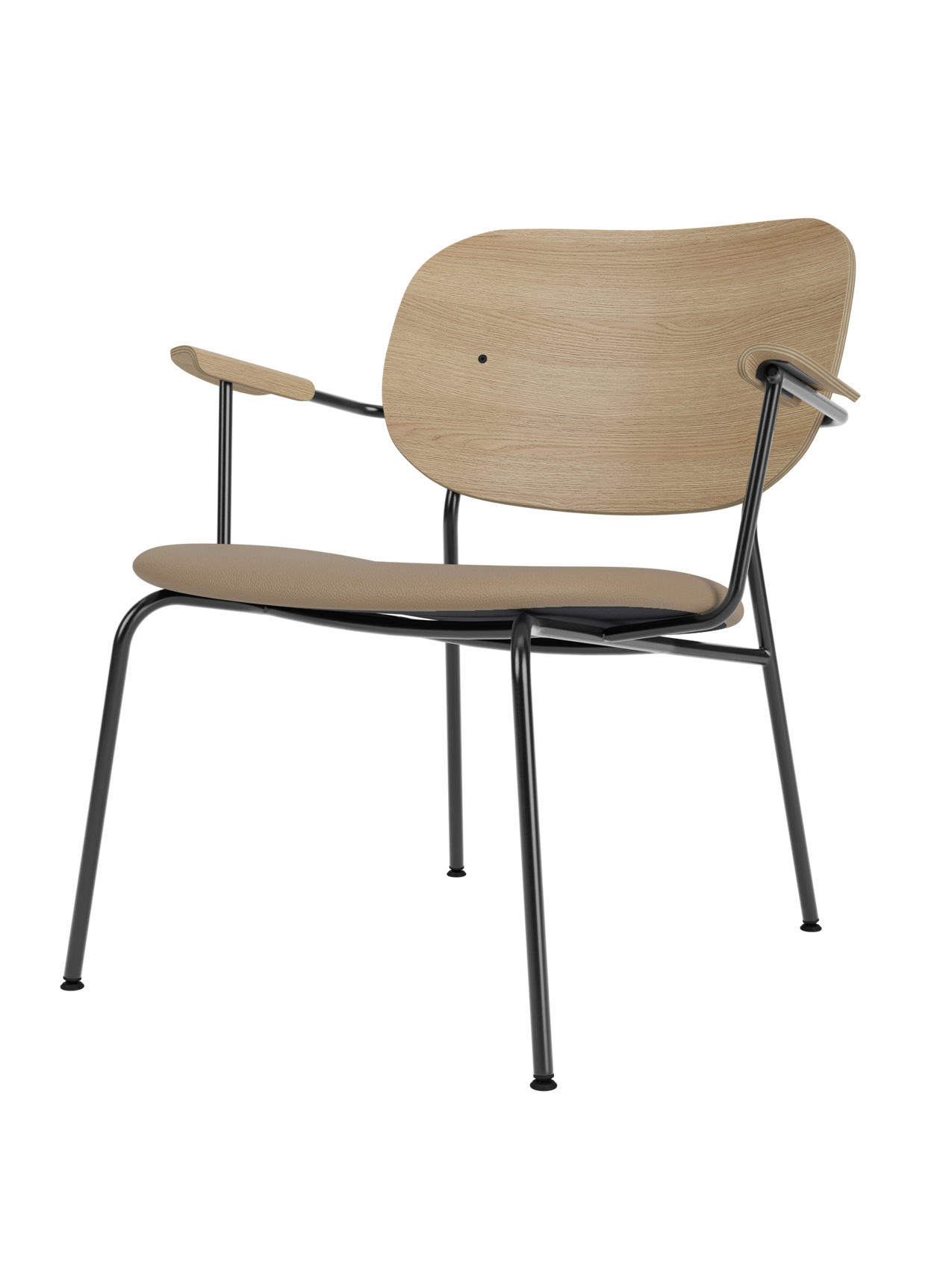 Co Lounge Chair with a stone leather upholstered seat, natural oak wood backrest and armrests, on a slender black steel frame