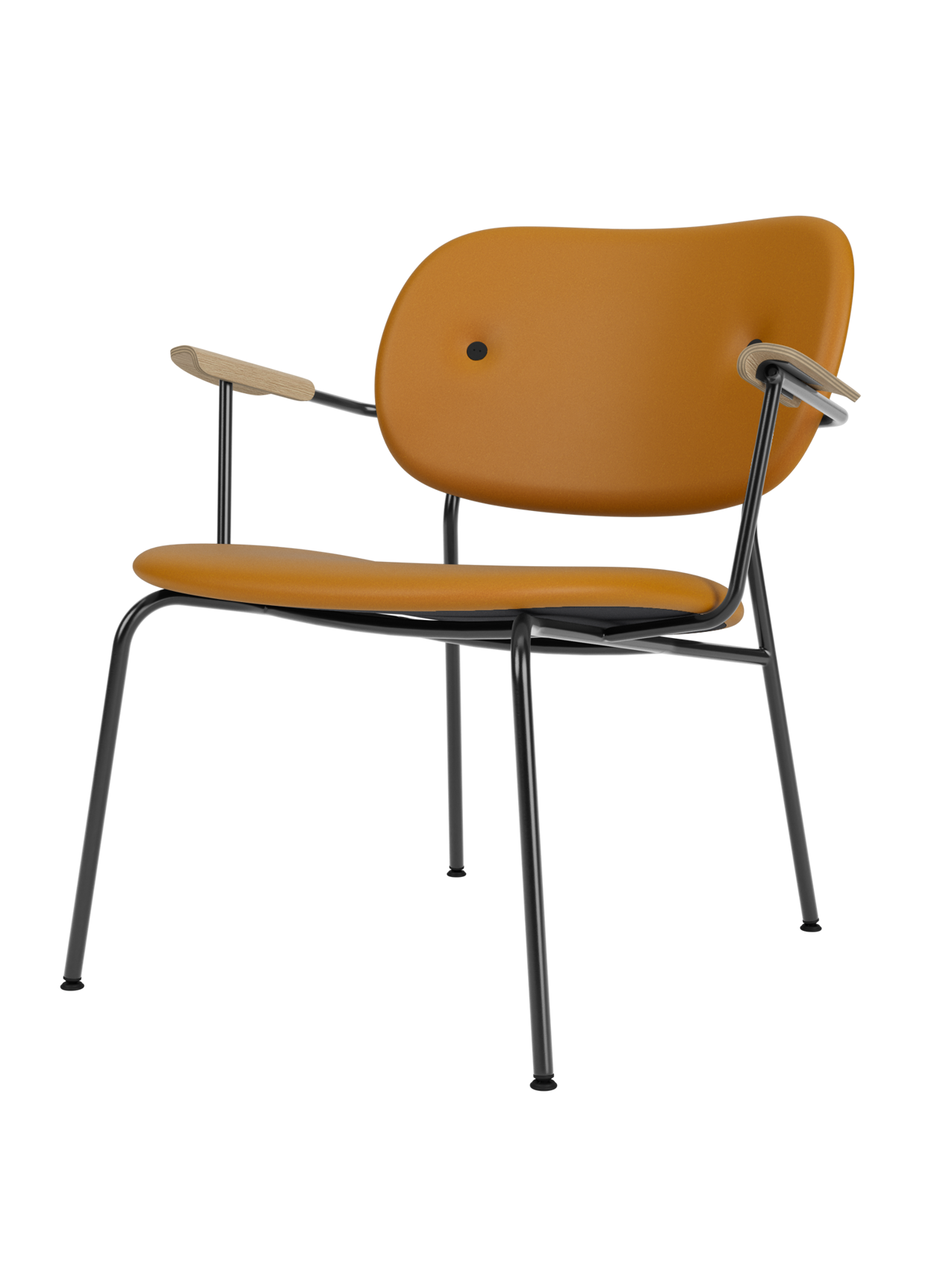 Front three-quarter view of the Co Lounge Chair, upholstered in tan Dakar leather with natural oak arms and black frame.