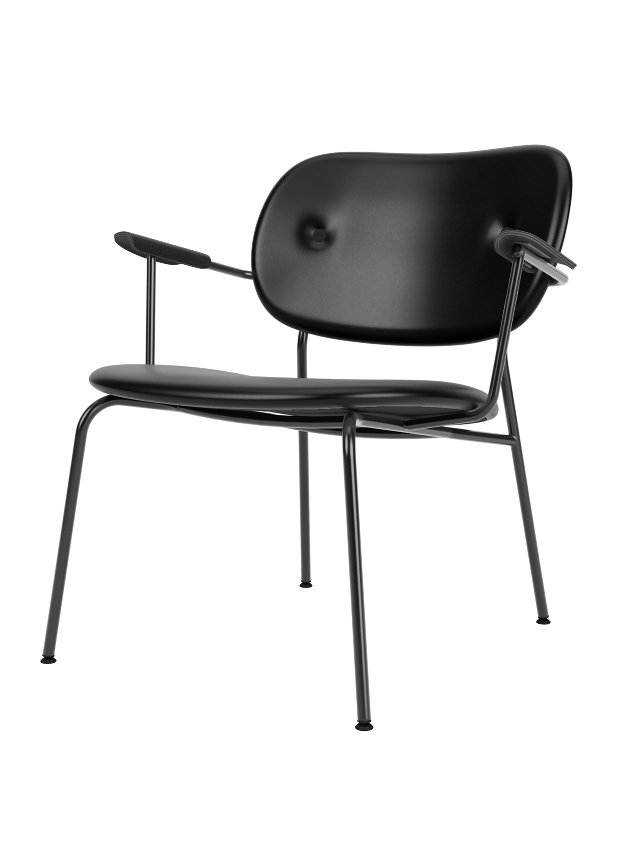 A front-three-quarters view of the Co Lounge Chair, fully upholstered in black leather with black painted oak armrests.