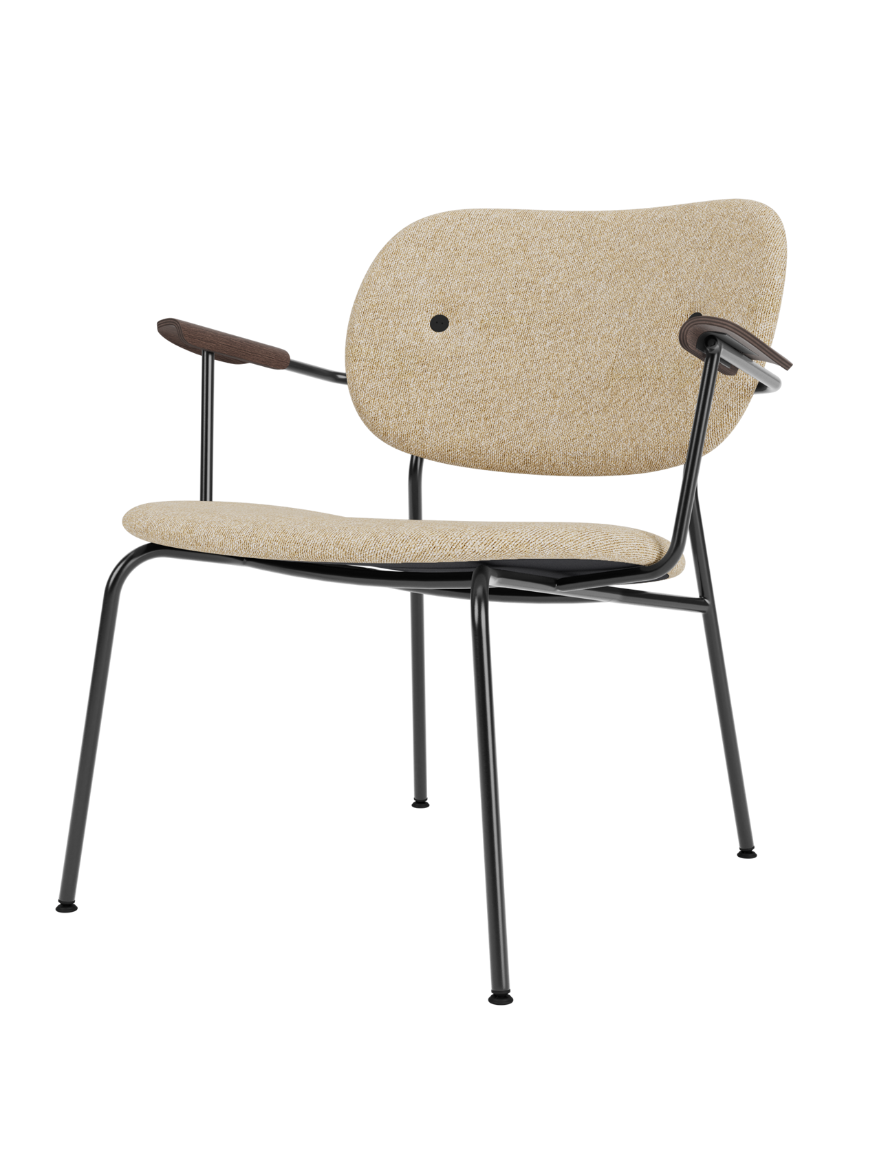 Co Lounge Chair, fully upholstered in light brown Moss fabric, with dark stained oak armrests and a black metal frame.