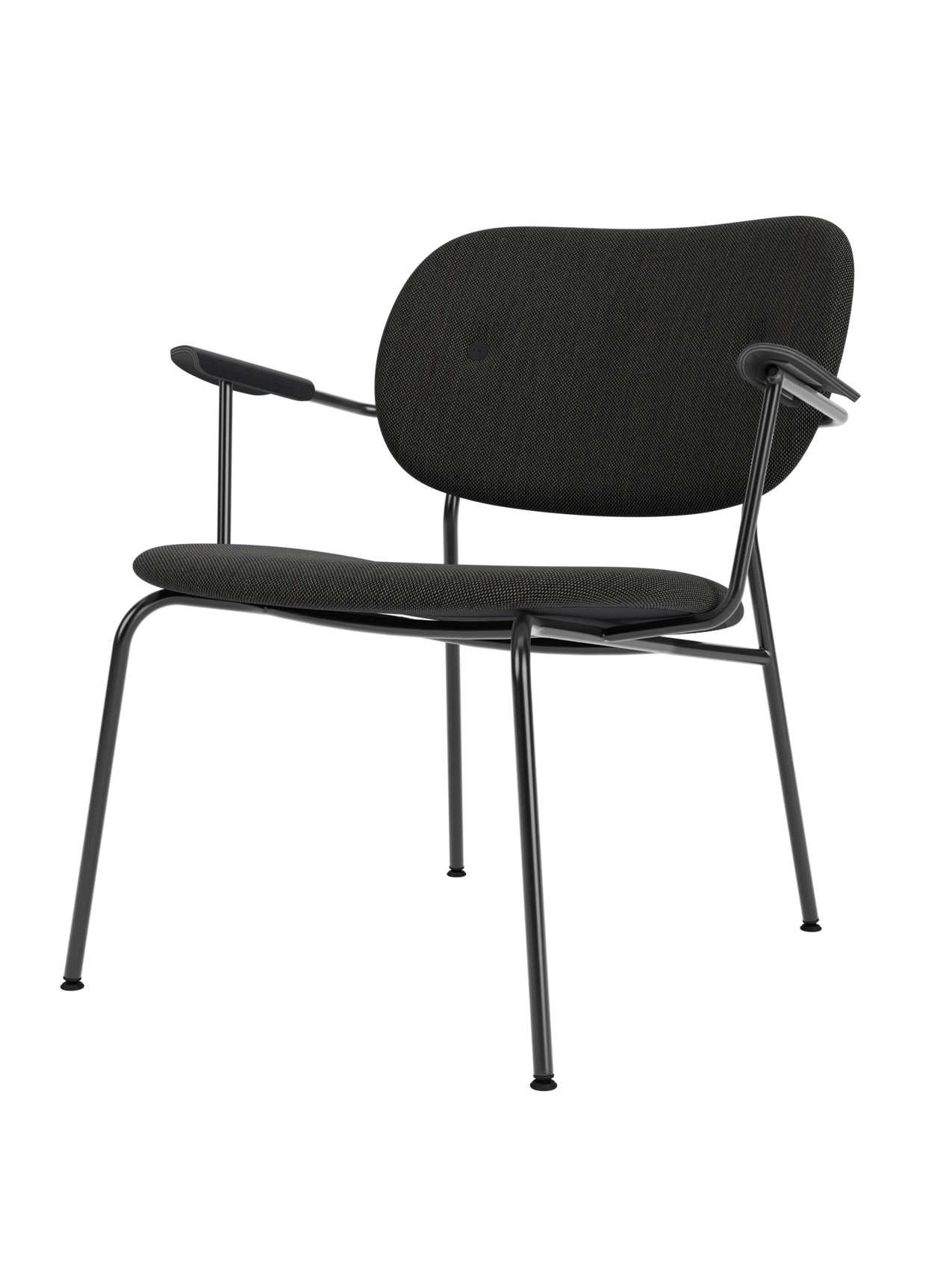 Side view of the Co Lounge Chair, fully upholstered in dark grey Re-wool with black painted oak armrests and a black frame.