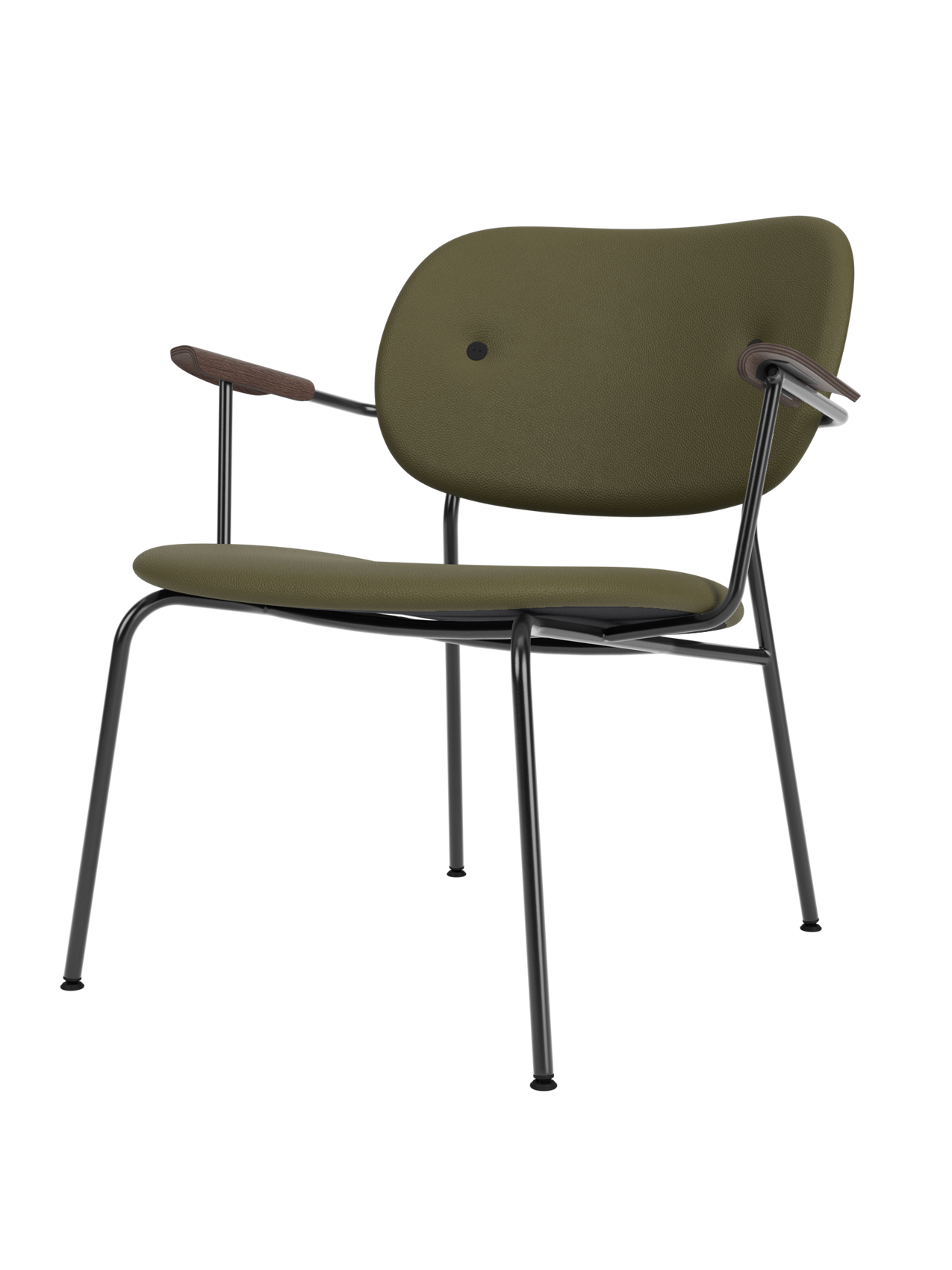 Co Lounge Chair, fully upholstered in army green Sierra leather, with dark stained oak armrests and black steel frame.