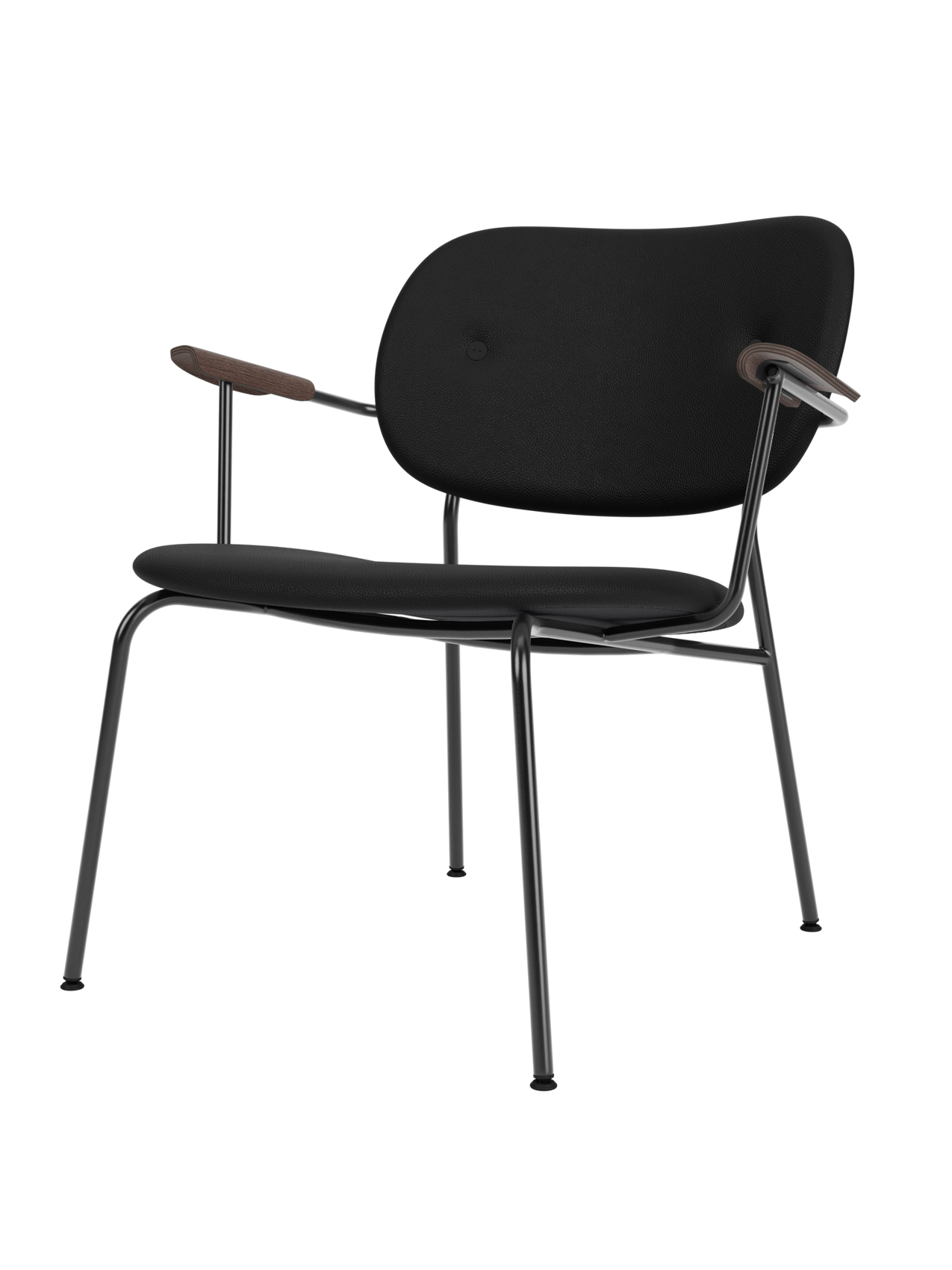 Co Lounge Chair with a slender black metal frame, black leather upholstery, and dark stained oak armrests.