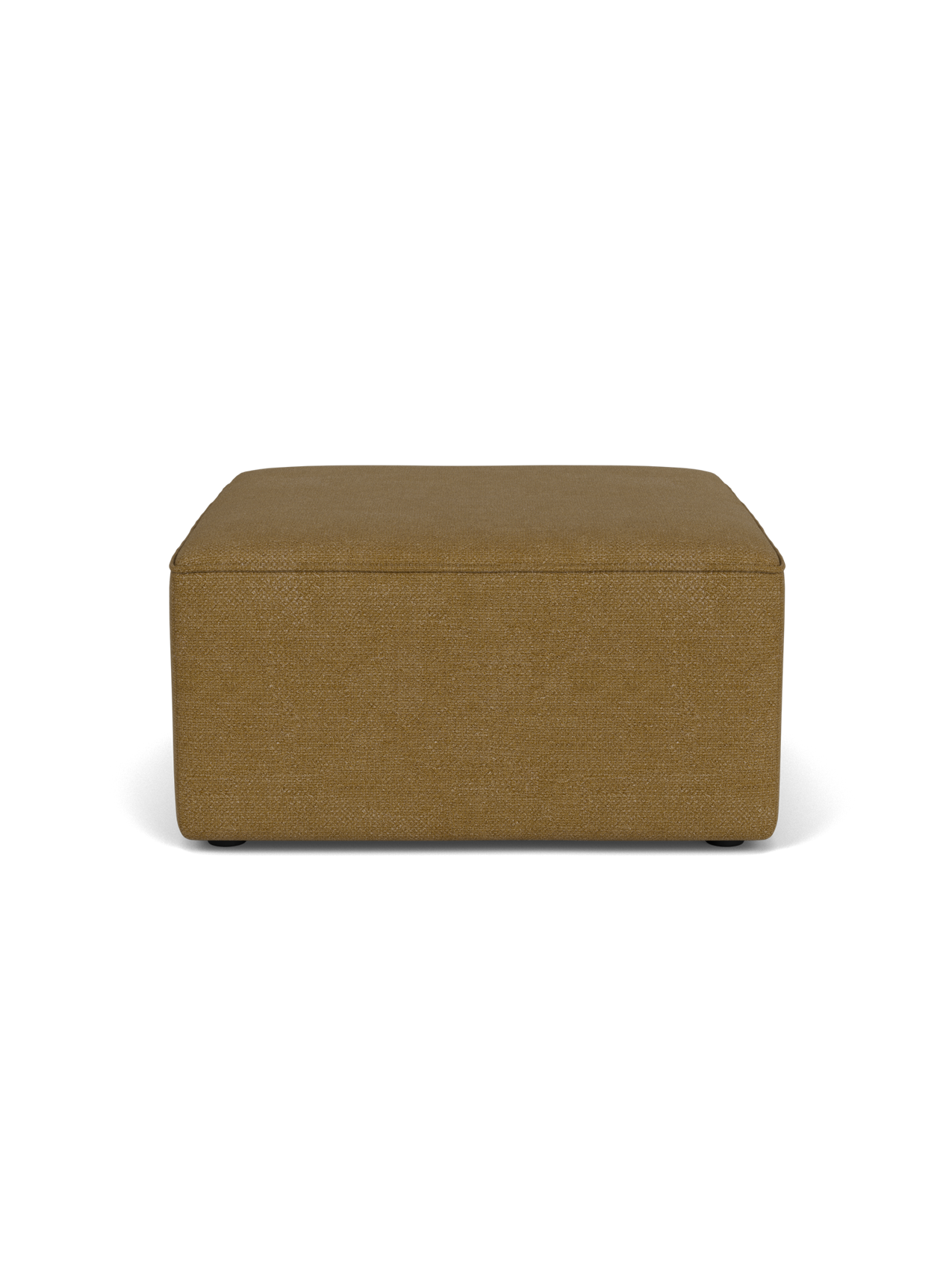 A front-on view of the Eave Modular Pouf, 75, a square ottoman upholstered in a textured, mustard-yellow bouclé fabric.