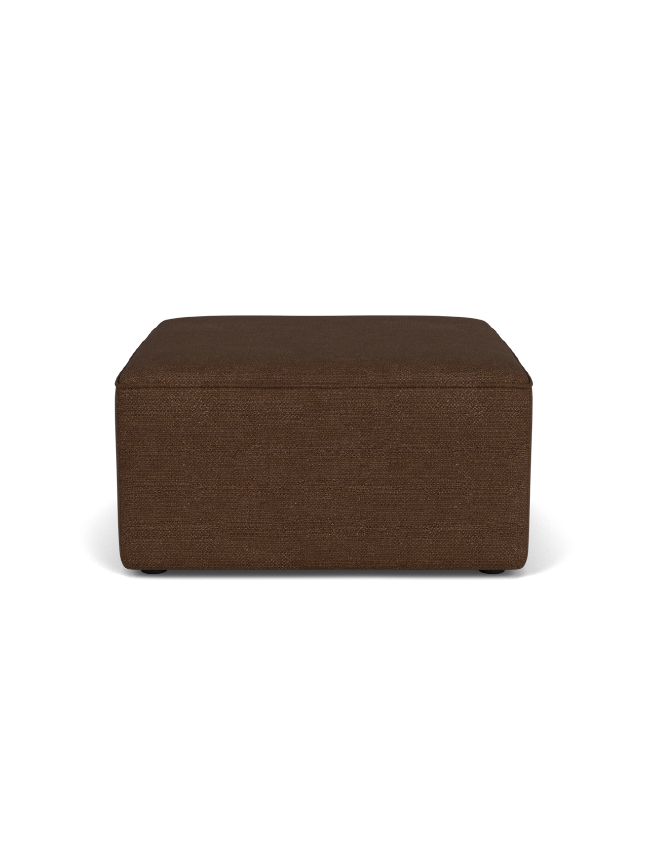 A side profile view of the Eave Modular Pouf, 75, upholstered in a textured brown Audo Bouclé 07 fabric on black background.