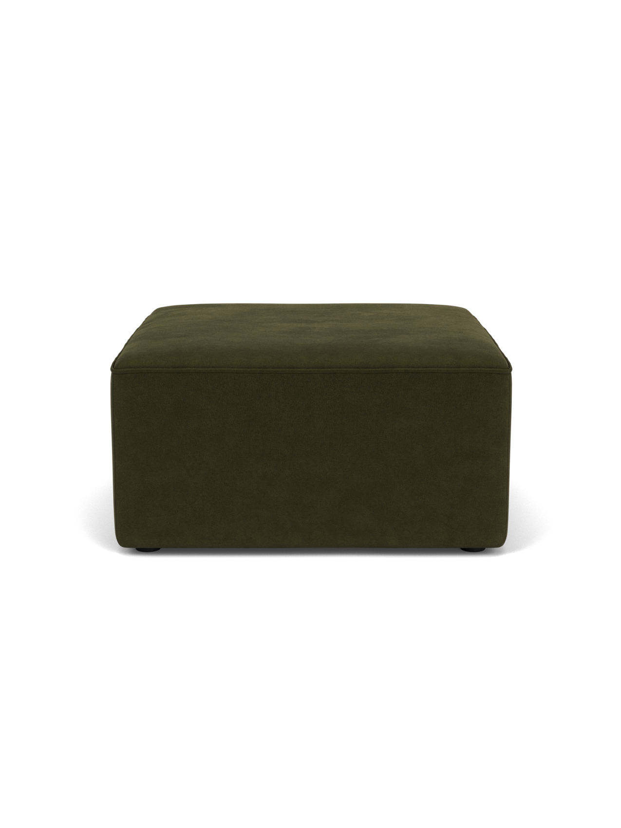 A front view of the Eave Modular Pouf, 75. The square pouf is upholstered in dark olive green fabric on a black background.