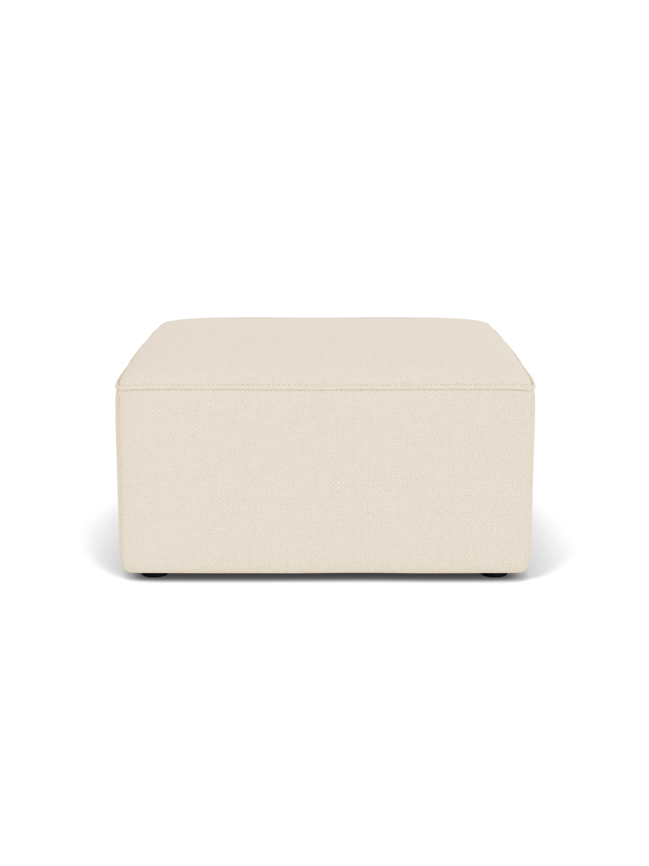 Eave Modular Pouf, 75, a square ottoman upholstered in a textured, light beige Logan Jasmine fabric on a black background