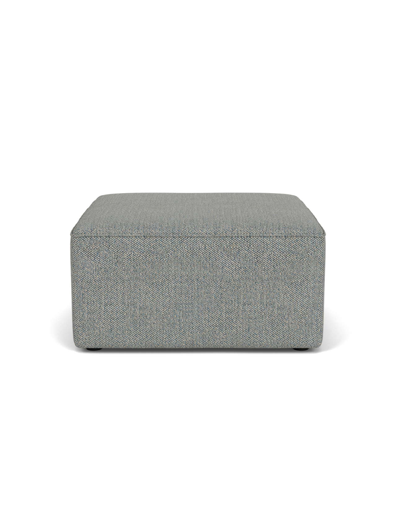 A front view of the Eave Modular Pouf, 75. The square pouf has textured, light blue and grey Safire 012 upholstery.