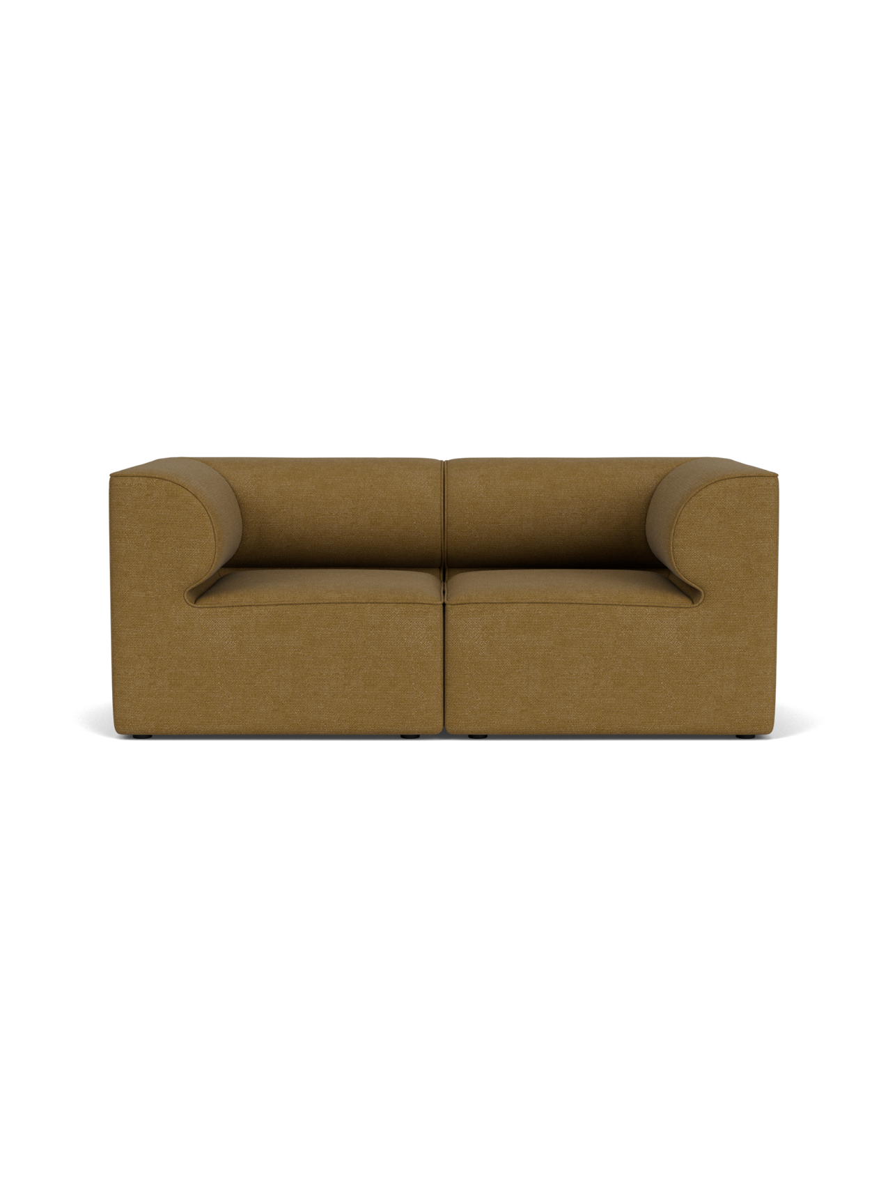 A frontal product shot of the Eave Modular Sofa, 86, 2 Seater, upholstered in a textured, mustard-brown Bouclé 06 fabric.
