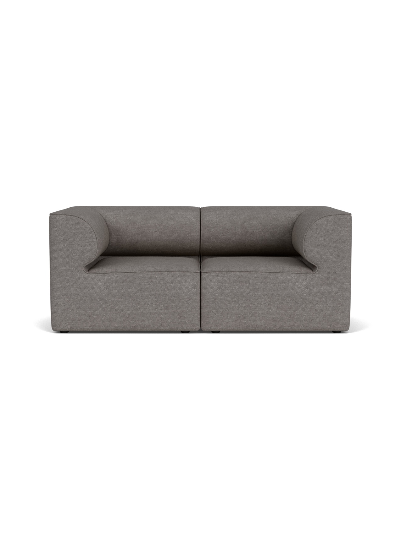 Front view of the Eave Modular Sofa, 86, 2 Seater in a grey bouclé fabric, showing its two-module design and curved armrests.