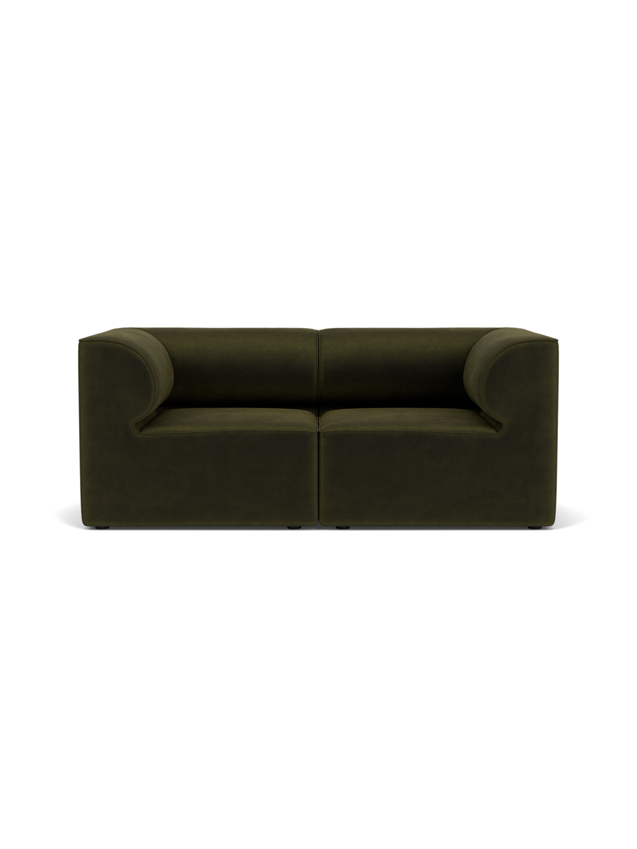 Front-facing Eave Modular Sofa, 86, 2 Seater, in dark olive green Champion 035 fabric against a black backdrop.