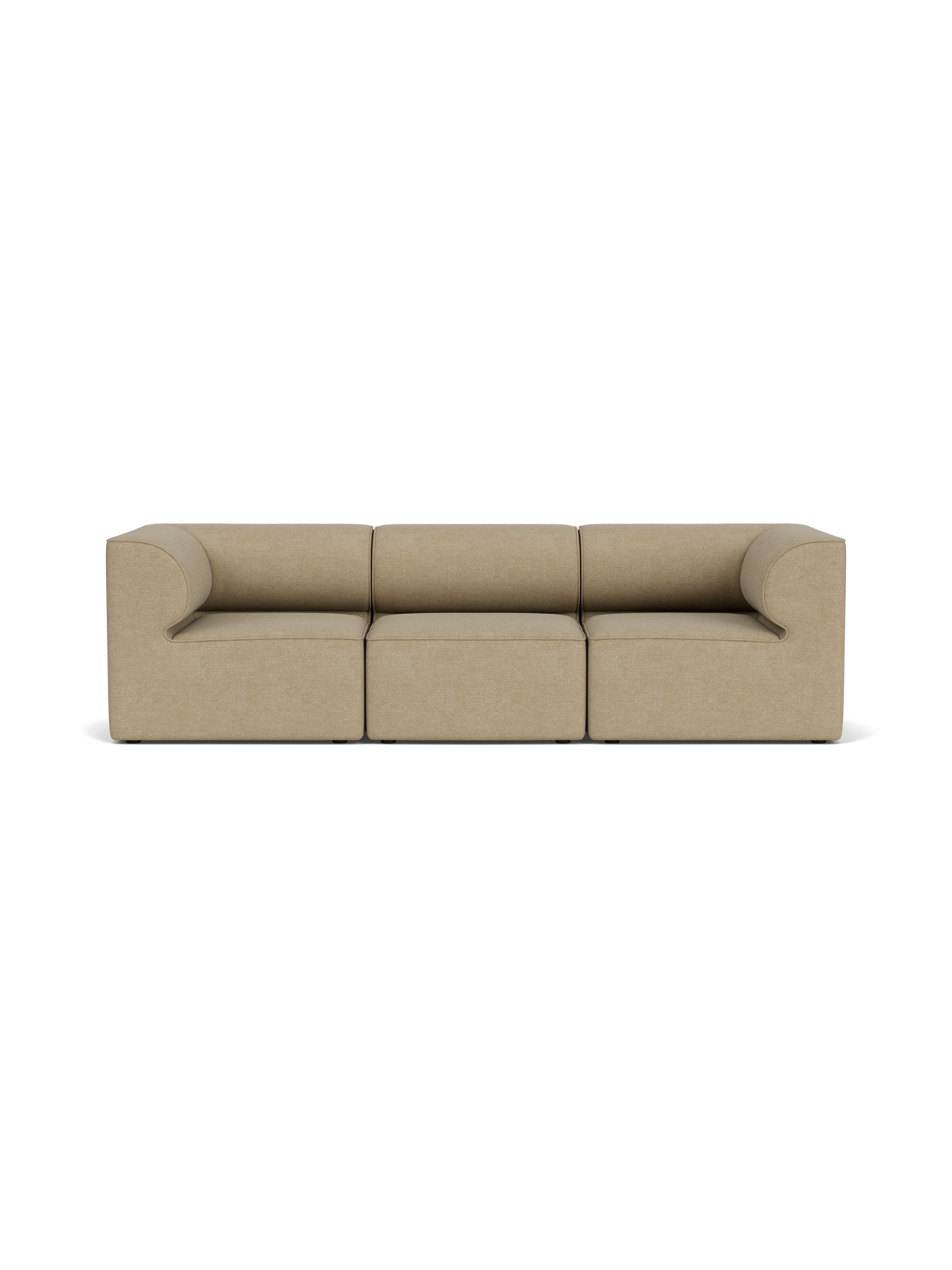 Front view of the Eave Modular Sofa, 86, 3 Seater, Configuration 2 in a light beige bouclé fabric against a black background.