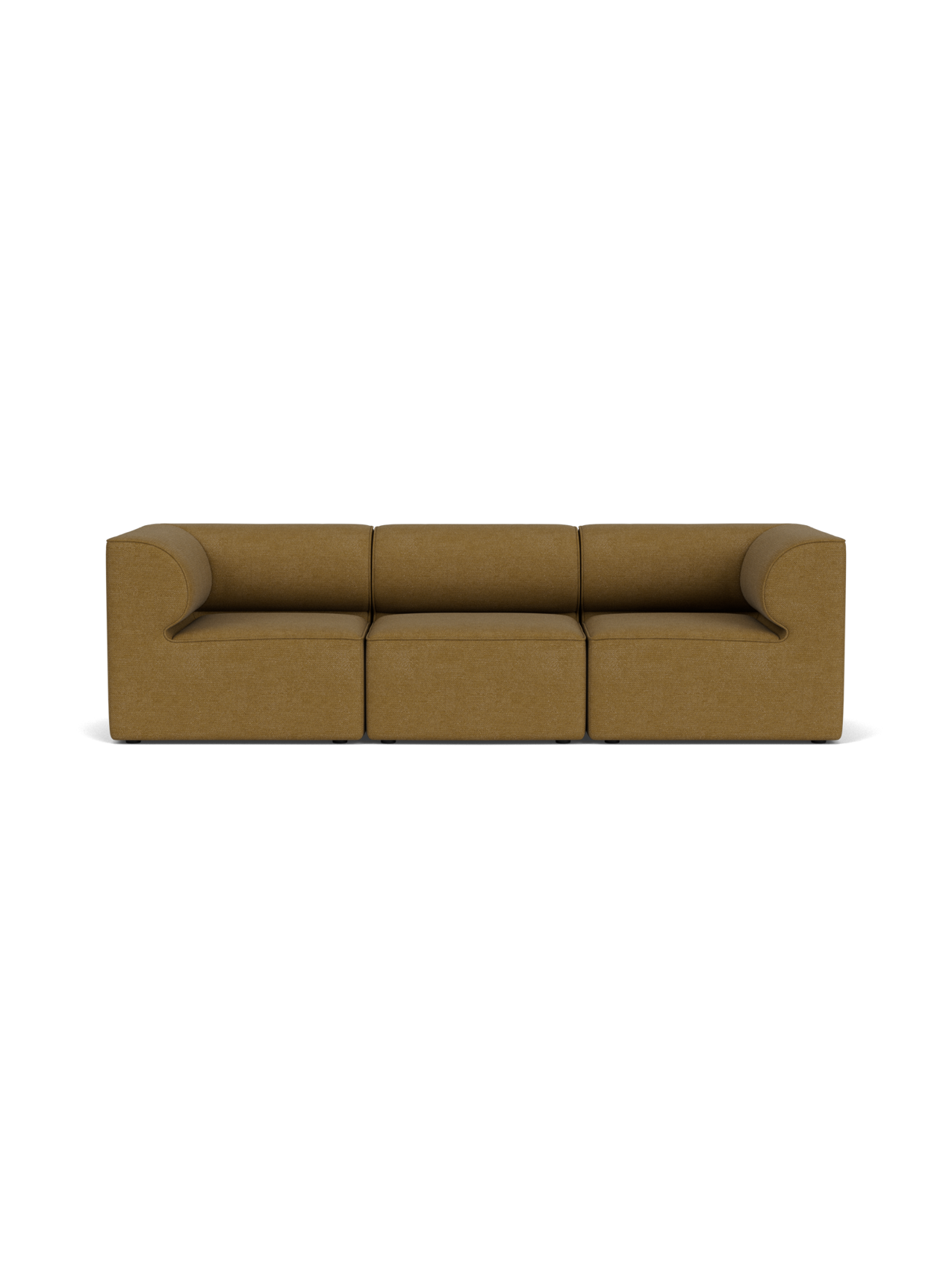 A front-on view of the Eave Modular Sofa, 86, 3 Seater, in a textured, warm yellow bouclé fabric against a black background.