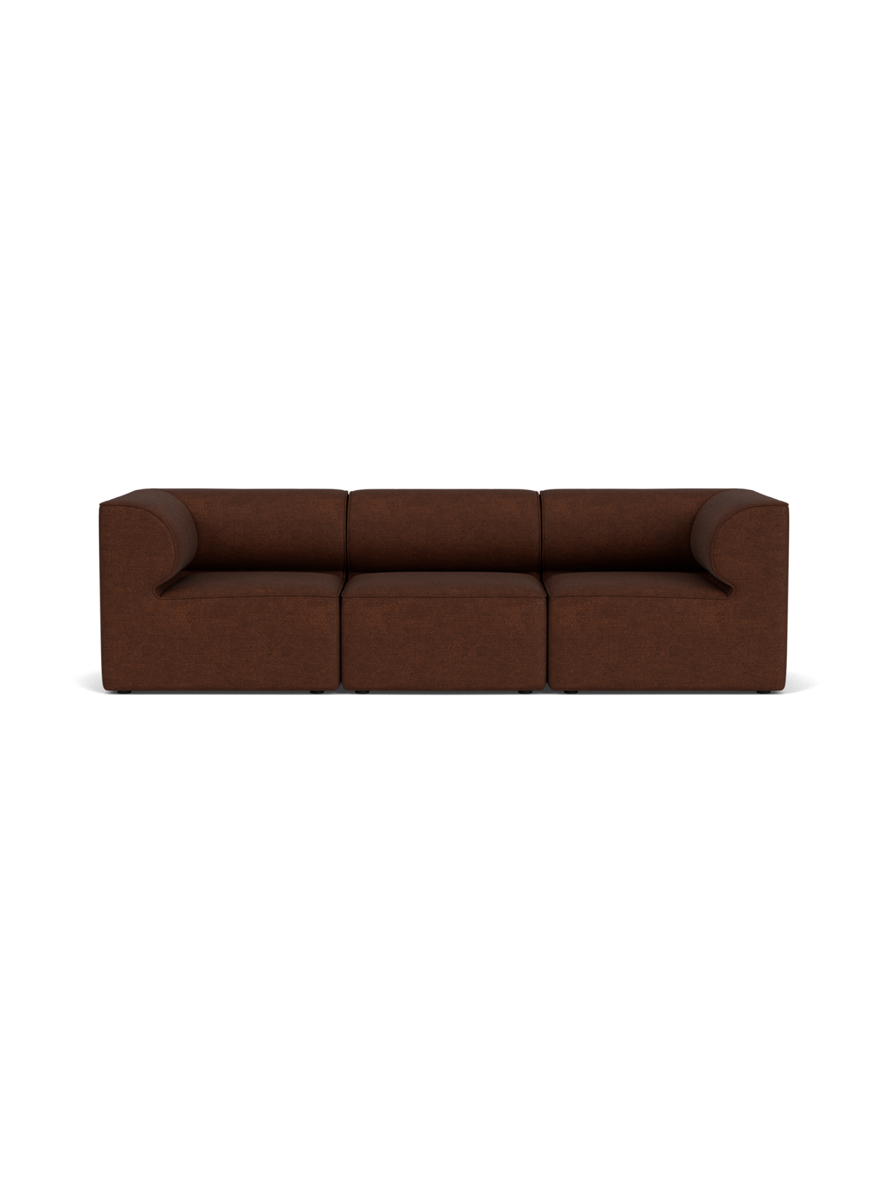 Front view of the Eave Modular Sofa, 86, 3 Seater, in a warm brown Audo Bouclé 08 fabric against a black background.