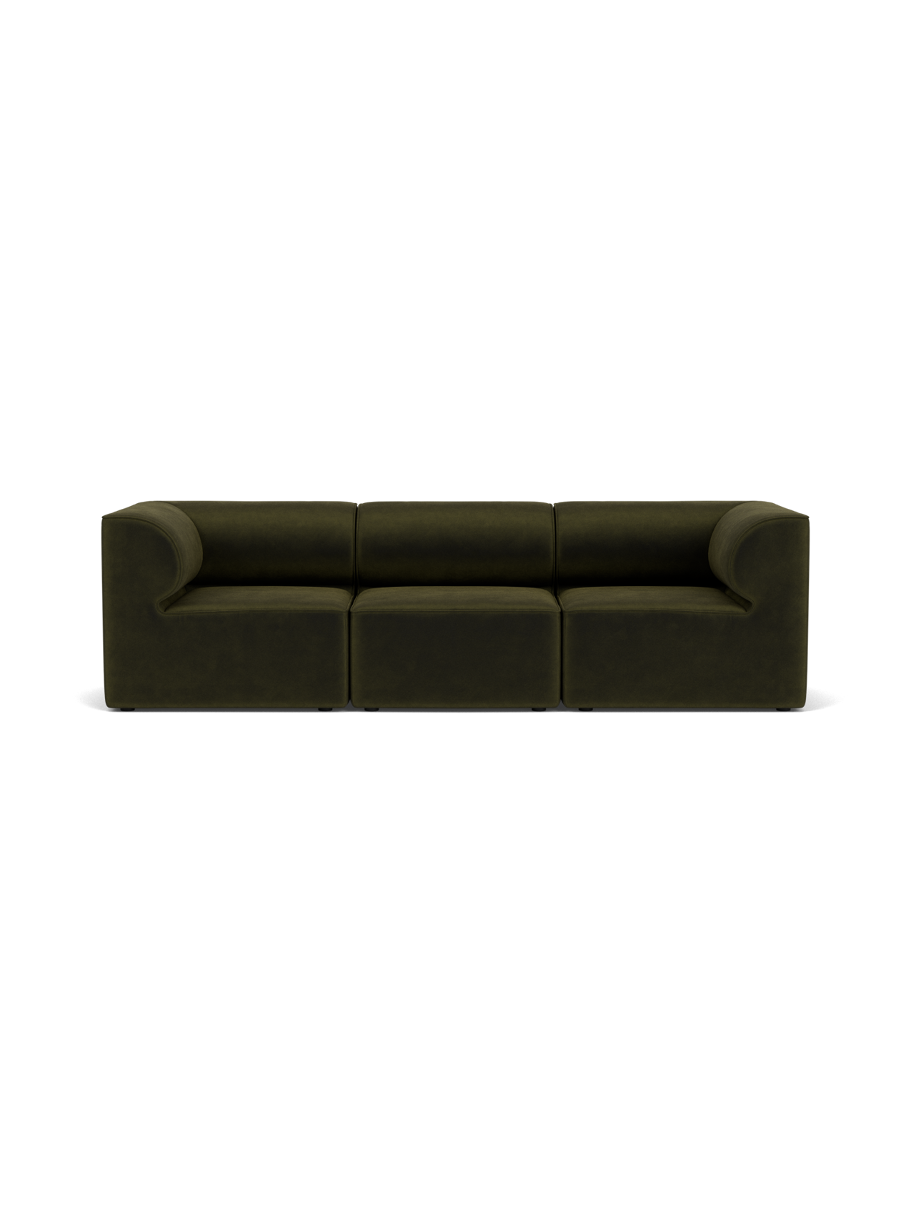 A front-on shot of the Eave Modular Sofa, 86, 3 Seater, in Champion 035, a dark olive-green fabric, on a black background.
