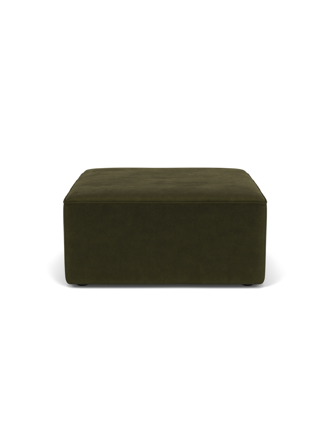 A front-facing view of the square Eave Modular Sofa, 86, Pouf in a dark olive green Champion fabric, on a black background.