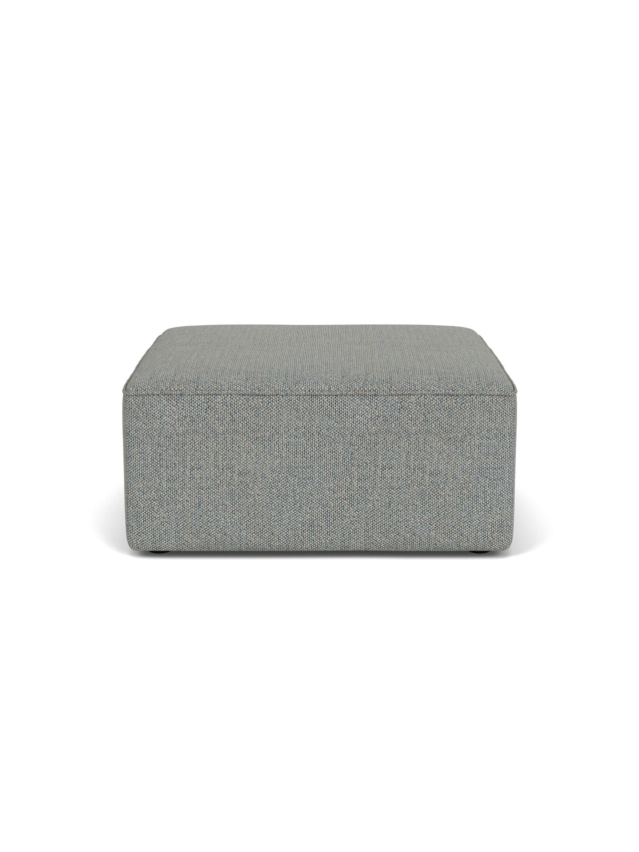 Front view of the Eave Modular Sofa, 86, Pouf upholstered in a textured light blue Safire fabric, against a black background.