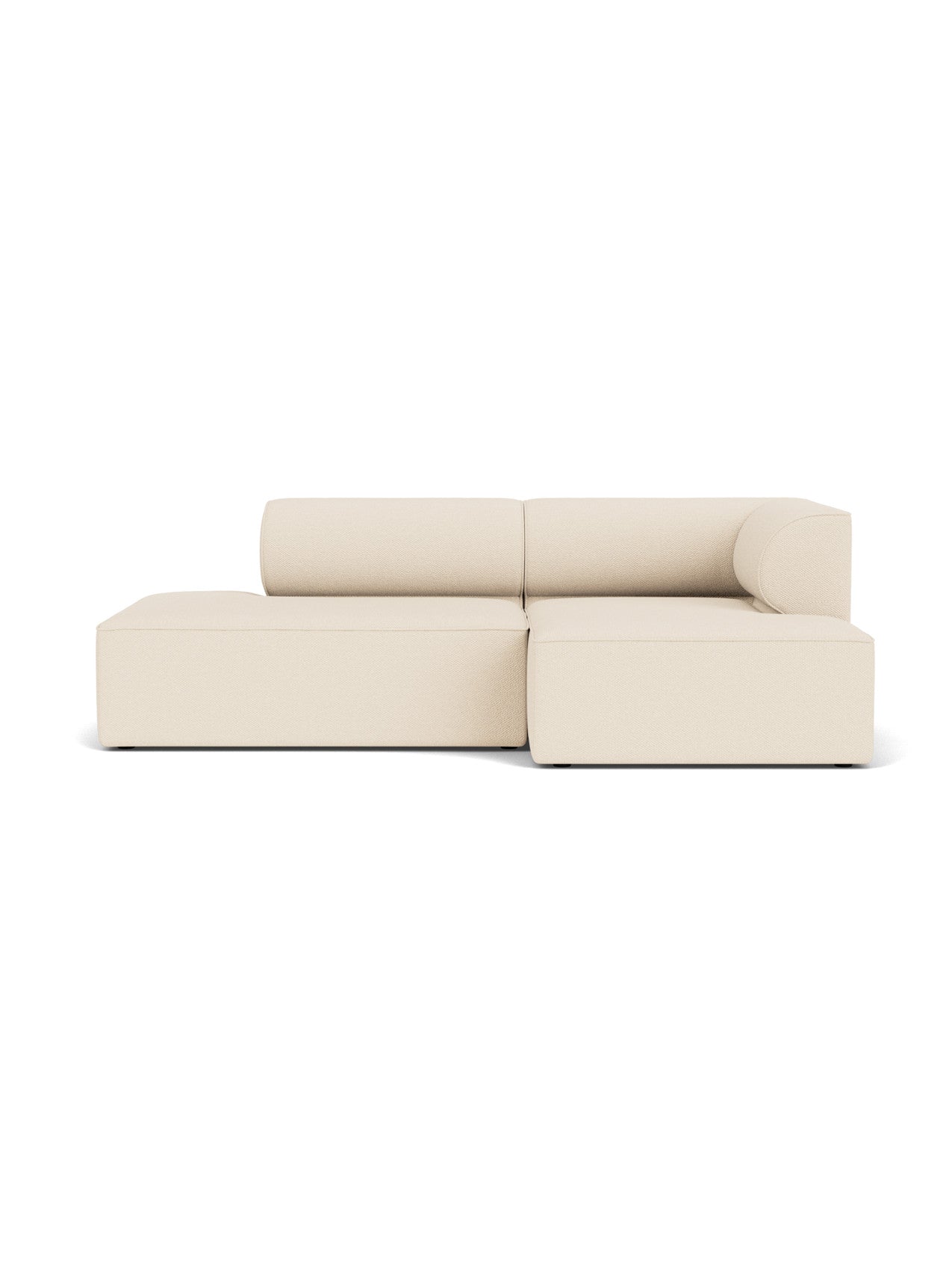 Front view of the Eave Modular Sofa, 96, Configuration 8. An L-shaped sofa in light beige Logan Jasmine fabric.