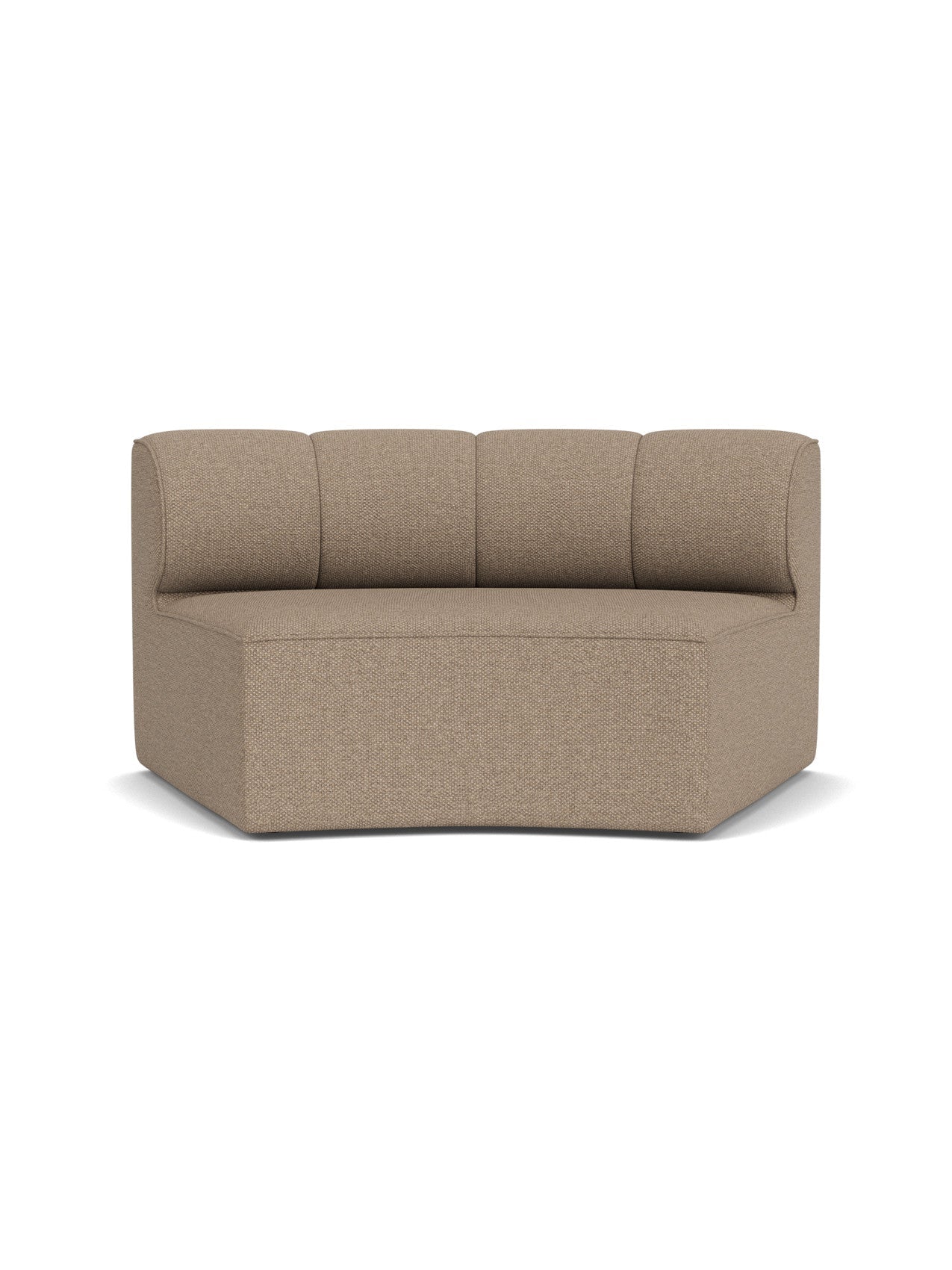 Front-facing view of the Eave Seamline Modular Sofa's concave open section, upholstered in a light brown Logan Flint fabric.