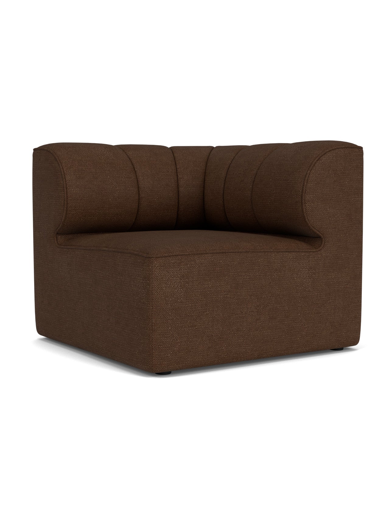 The Eave Seamline Modular Sofa, 86, Corner in a rich brown bouclé fabric, featuring a distinctive curved channel backrest.
