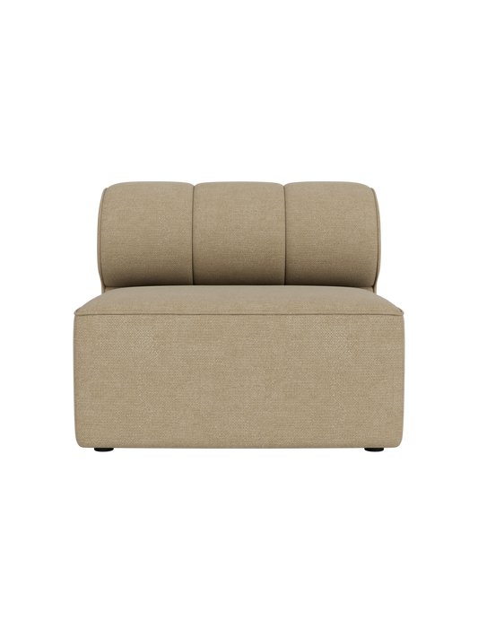 Front view of the Eave Seamline Modular Sofa, 86, Open Section in a light beige bouclé fabric against a black background.