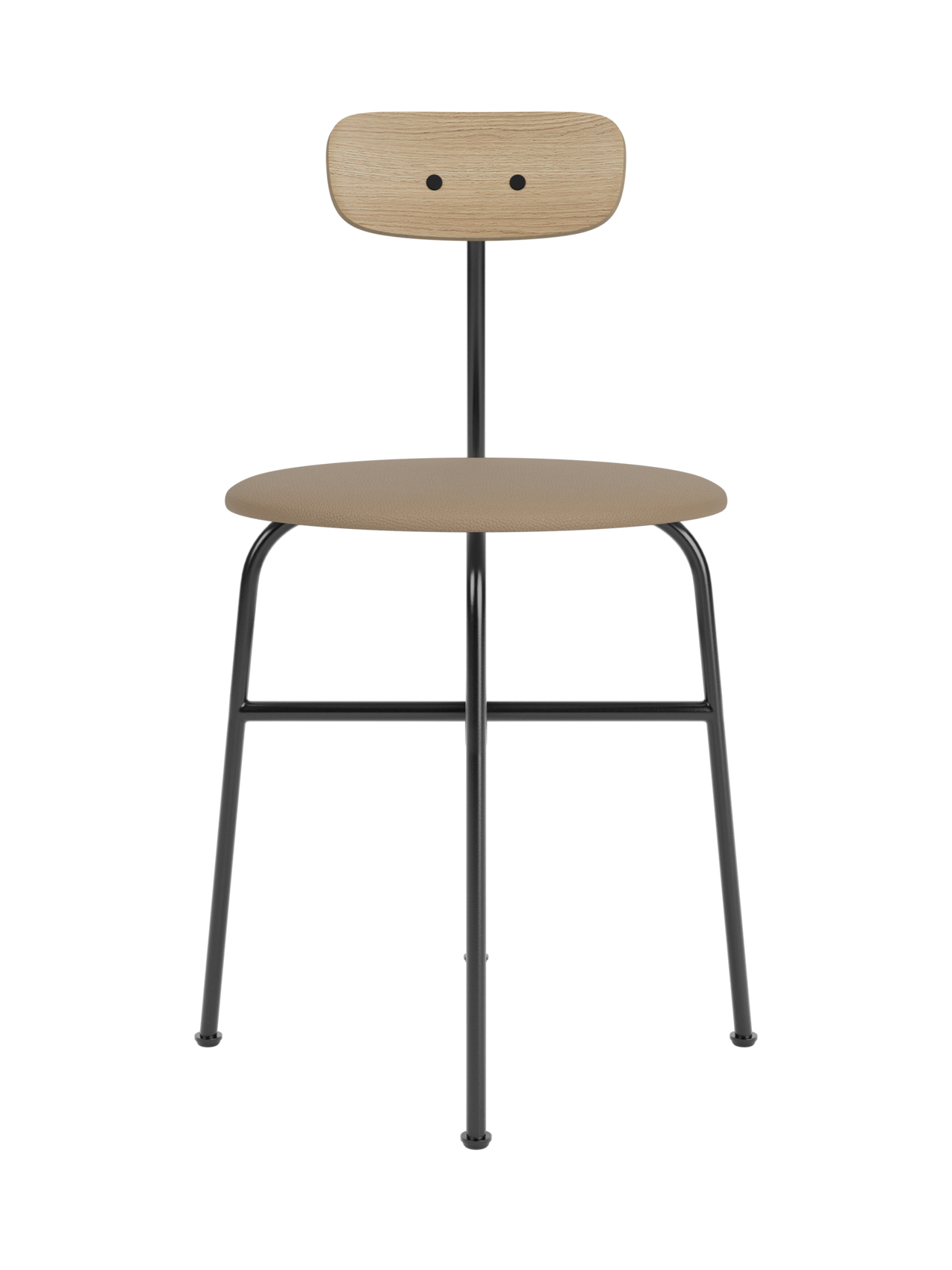 Front view of the Afteroom Dining Chair, Seat Upholstered, with black steel frame, light oak backrest, and tan seat.
