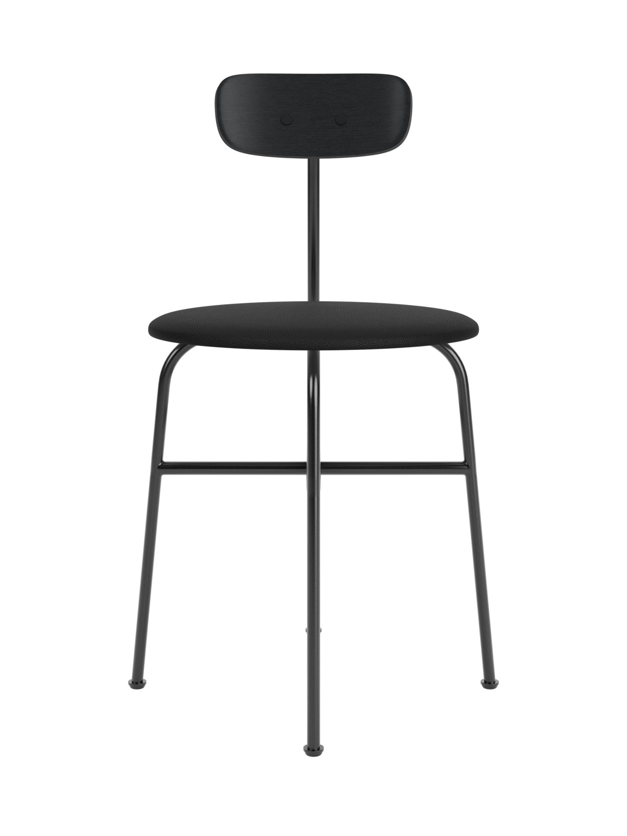 Front view of the Afteroom Dining Chair with a black painted ash backrest, black upholstered seat, and black steel frame.