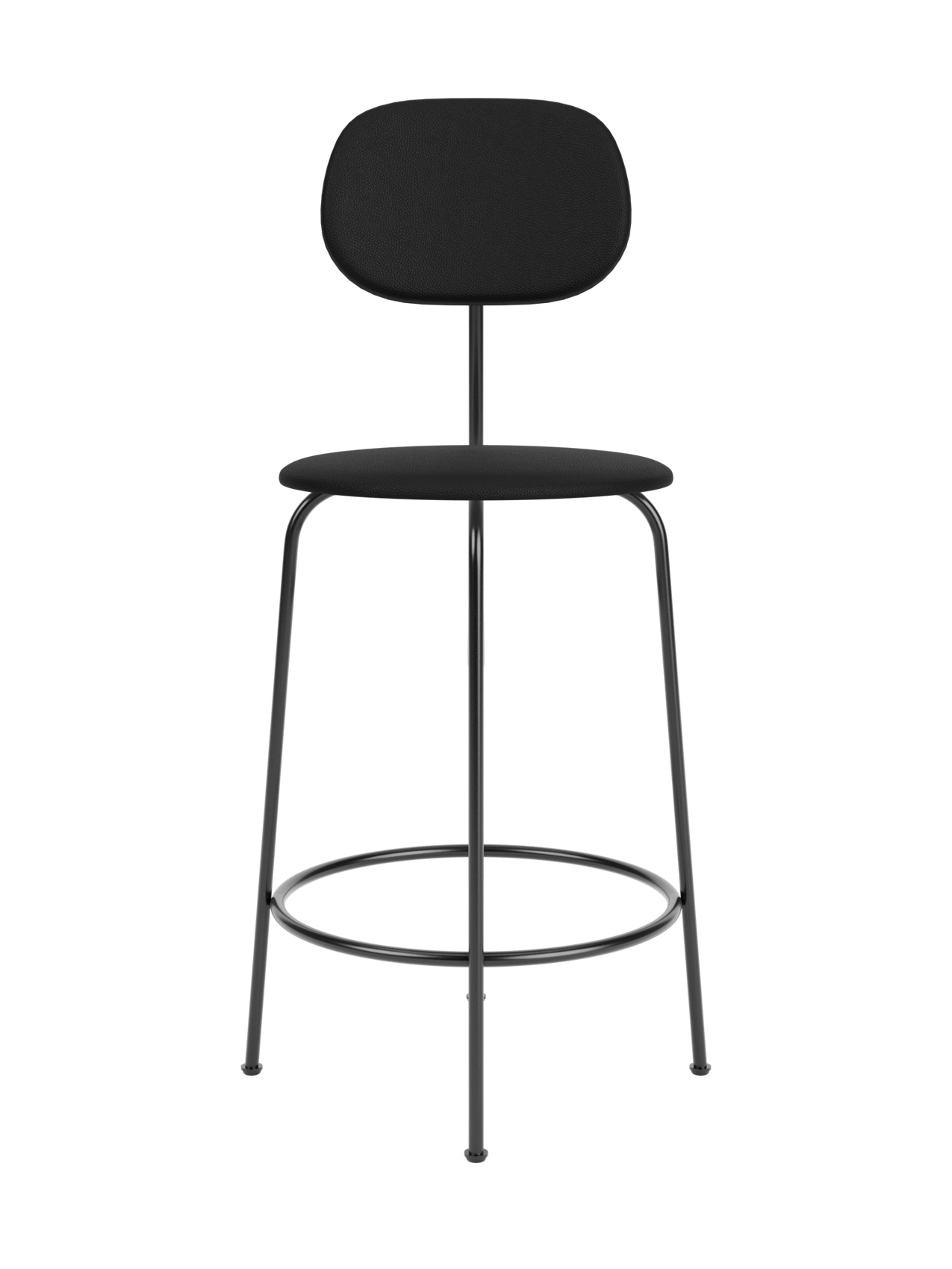 A black Afteroom Counter Chair Plus with a textured, upholstered round seat and wide backrest, on a thin black metal frame.