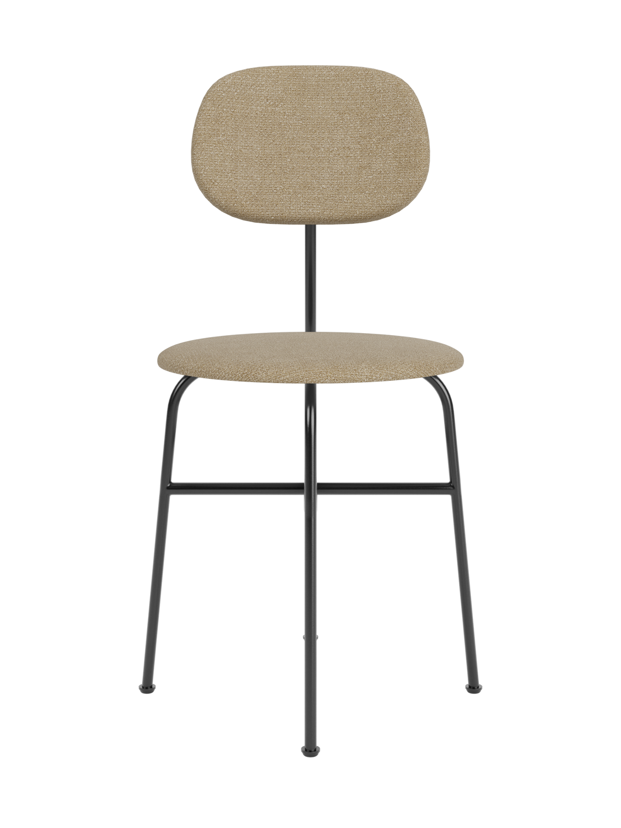 Front view of the Afteroom Dining Chair Plus with beige bouclé upholstery on a slender, black powder-coated steel frame.