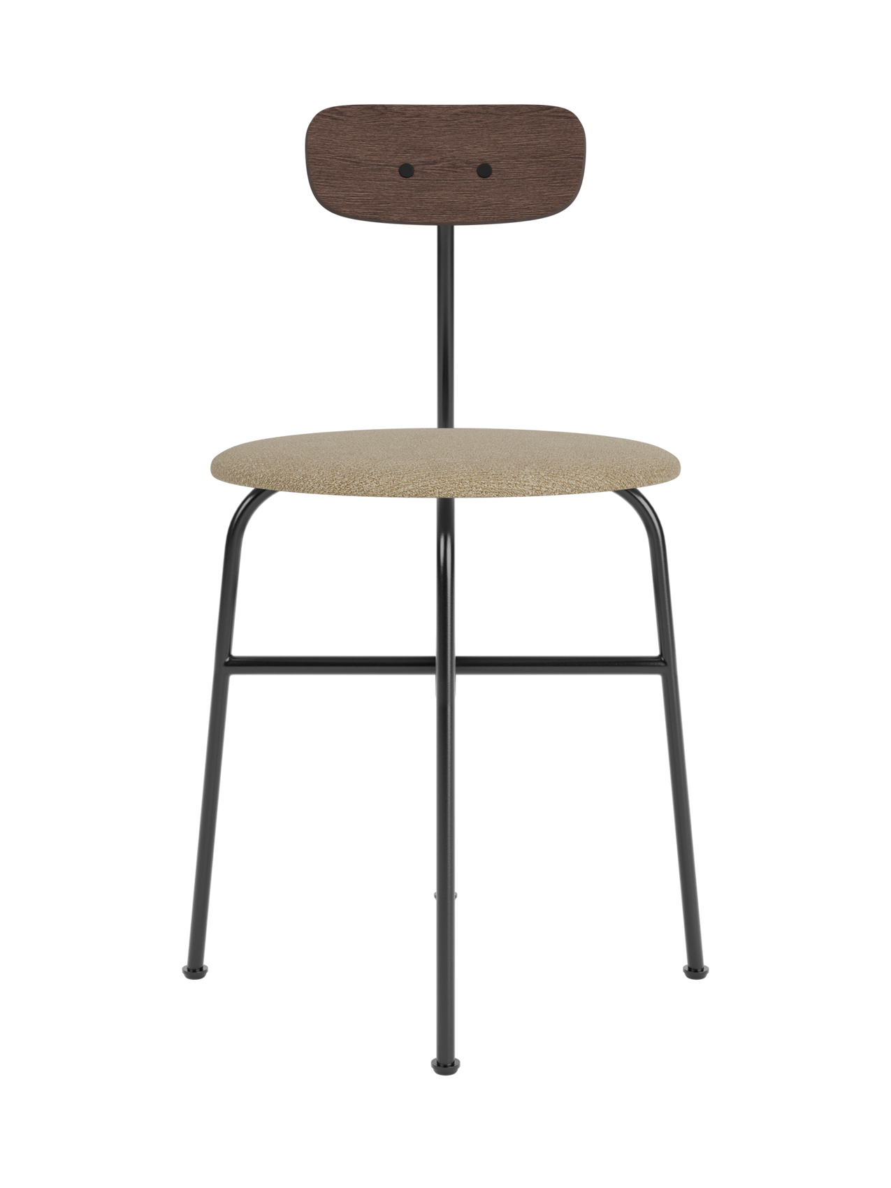 Front view of the Afteroom Dining Chair, Seat Upholstered, dark stained oak backrest, light bouclé seat and black frame.