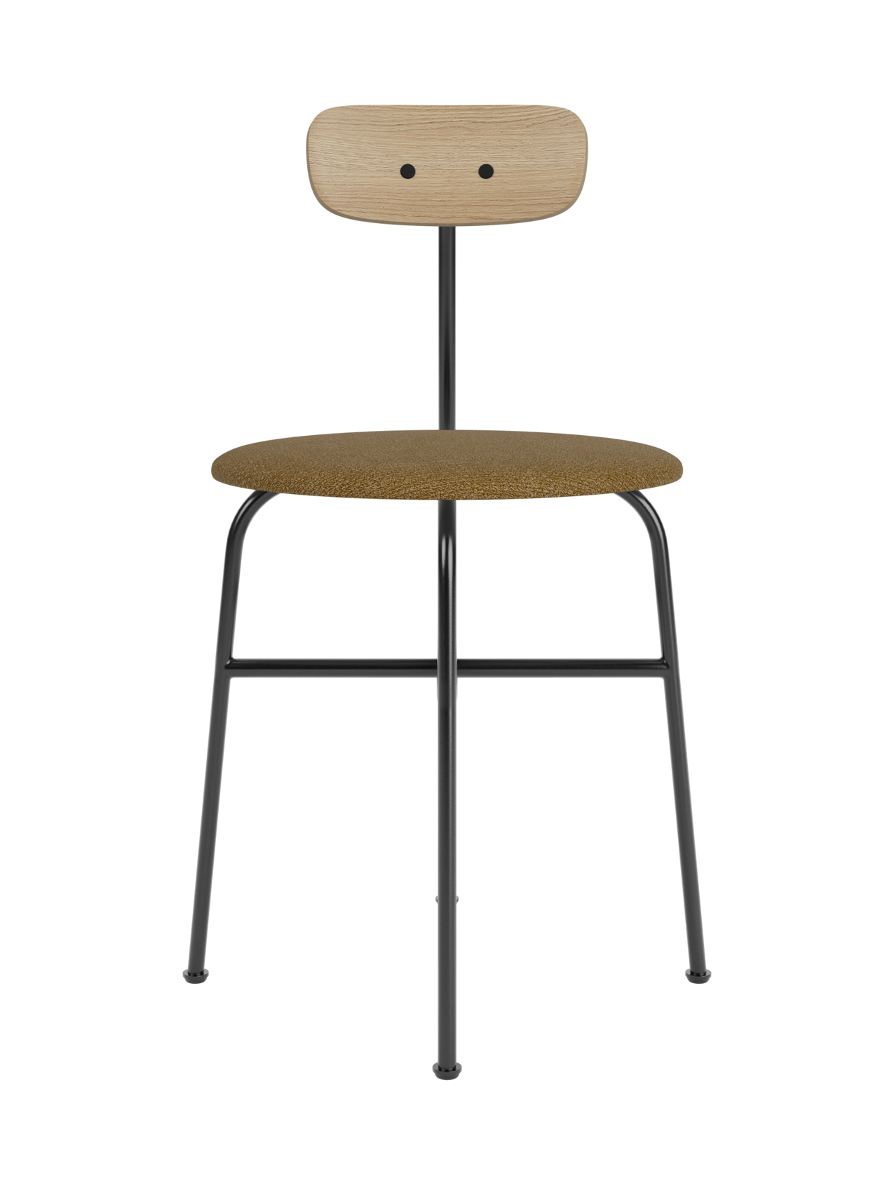 Front view of the Afteroom Dining Chair with a black frame, round brown upholstered seat, and a natural oak wood backrest.