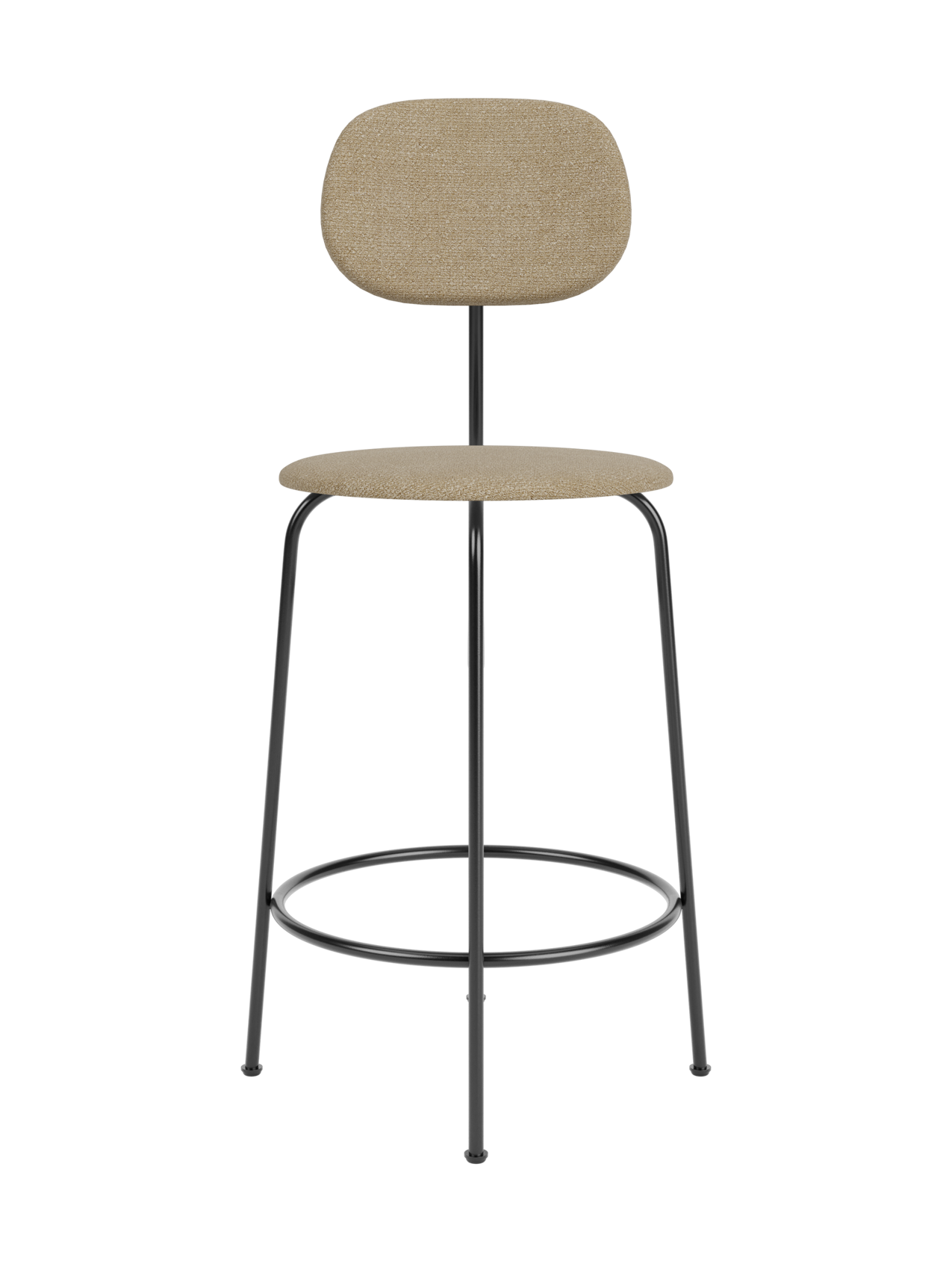 Front view of the Afteroom Counter Chair Plus, fully upholstered in a light brown fabric with a slender, black metal frame.