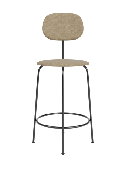 Front view of the Afteroom Counter Chair Plus, fully upholstered in a light brown fabric with a slender, black metal frame.