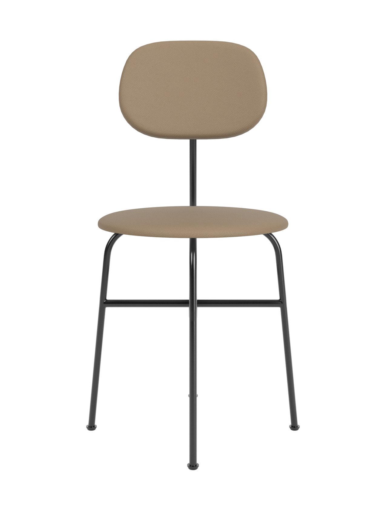 Front view of the Afteroom Dining Chair Plus. It has a slim black metal frame with a light brown upholstered seat and back.