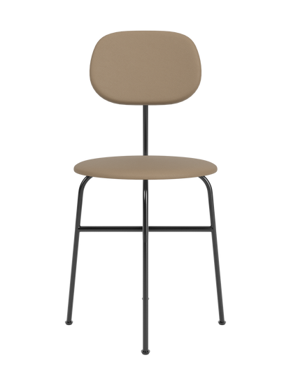Front view of the Afteroom Dining Chair Plus. It has a slim black metal frame with a light brown upholstered seat and back.